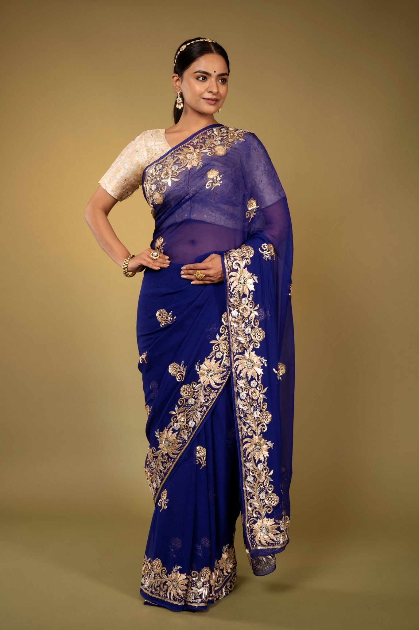 Royal Blue pure chiffon aari sequnece cut work border butti handwork saree