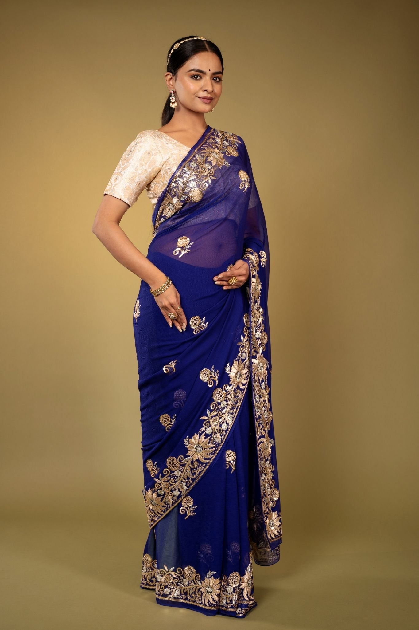 Royal Blue pure chiffon aari sequnece cut work border butti handwork saree