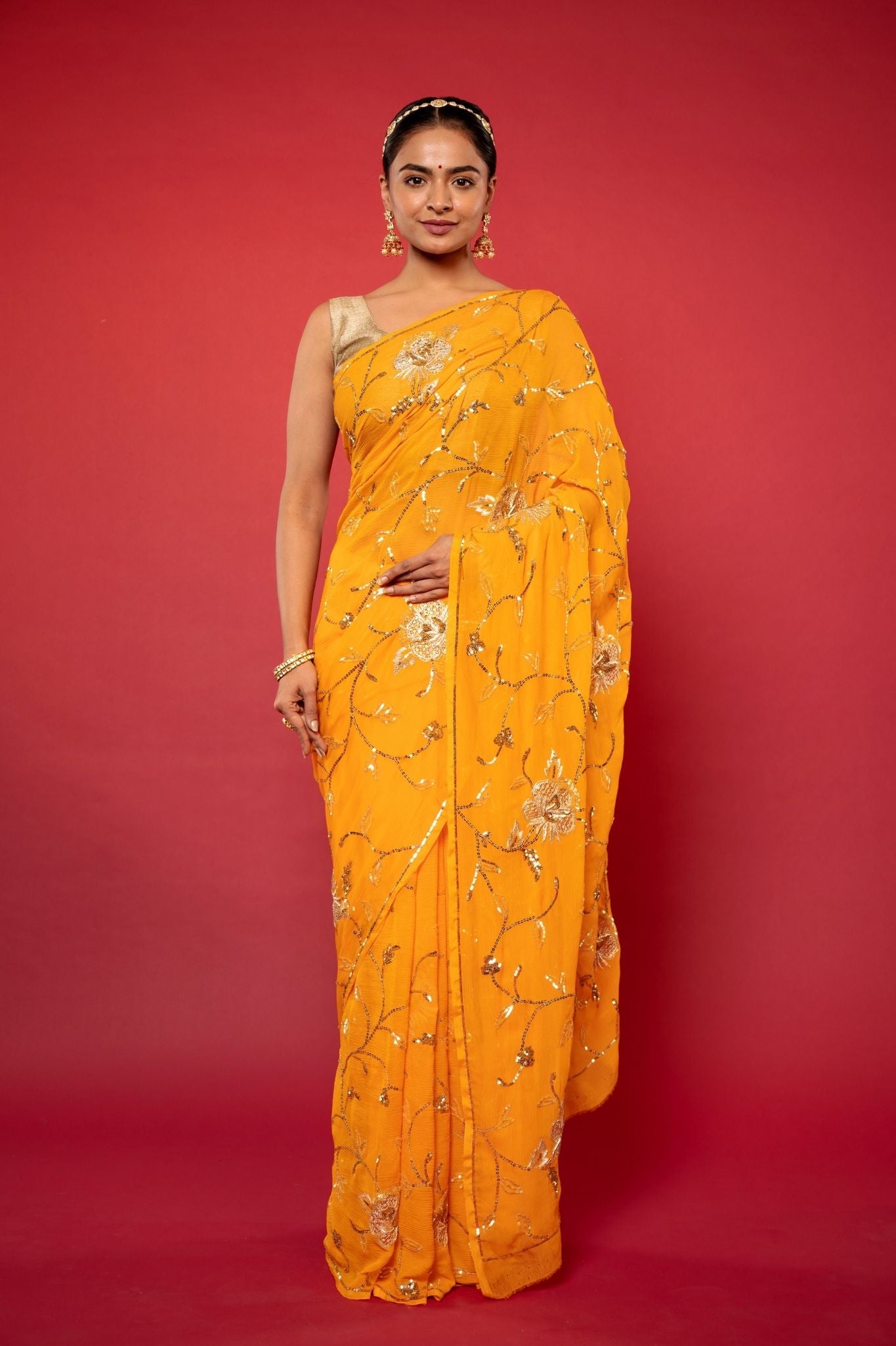 yellow pure chiffon aari sequins jaal handwork saree