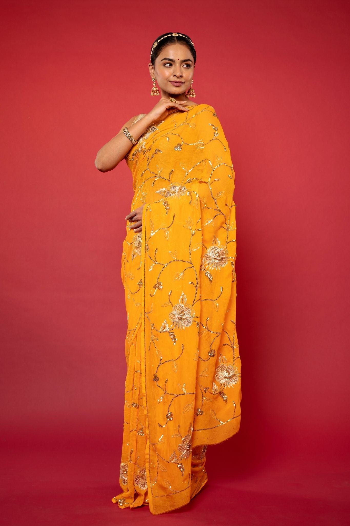 yellow pure chiffon aari sequins jaal handwork saree
