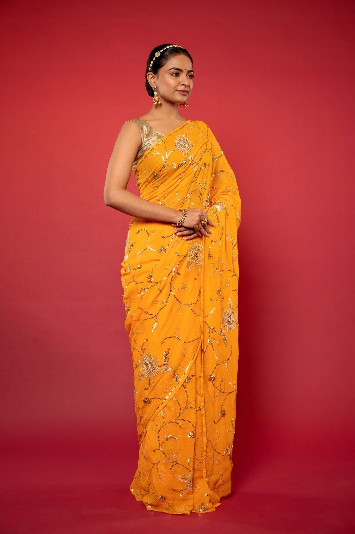 yellow pure chiffon aari sequins jaal handwork saree