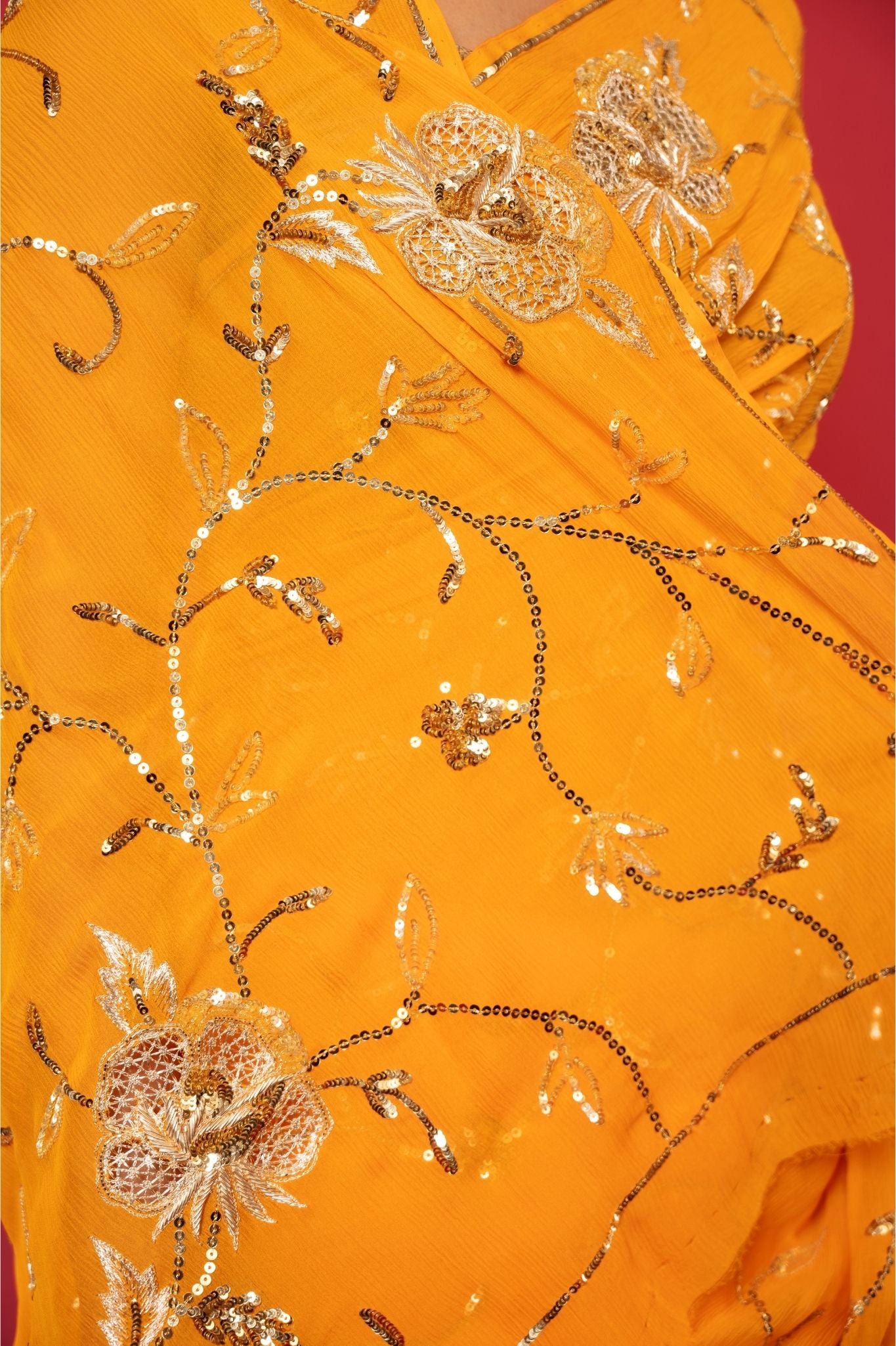 yellow pure chiffon aari sequins jaal handwork saree