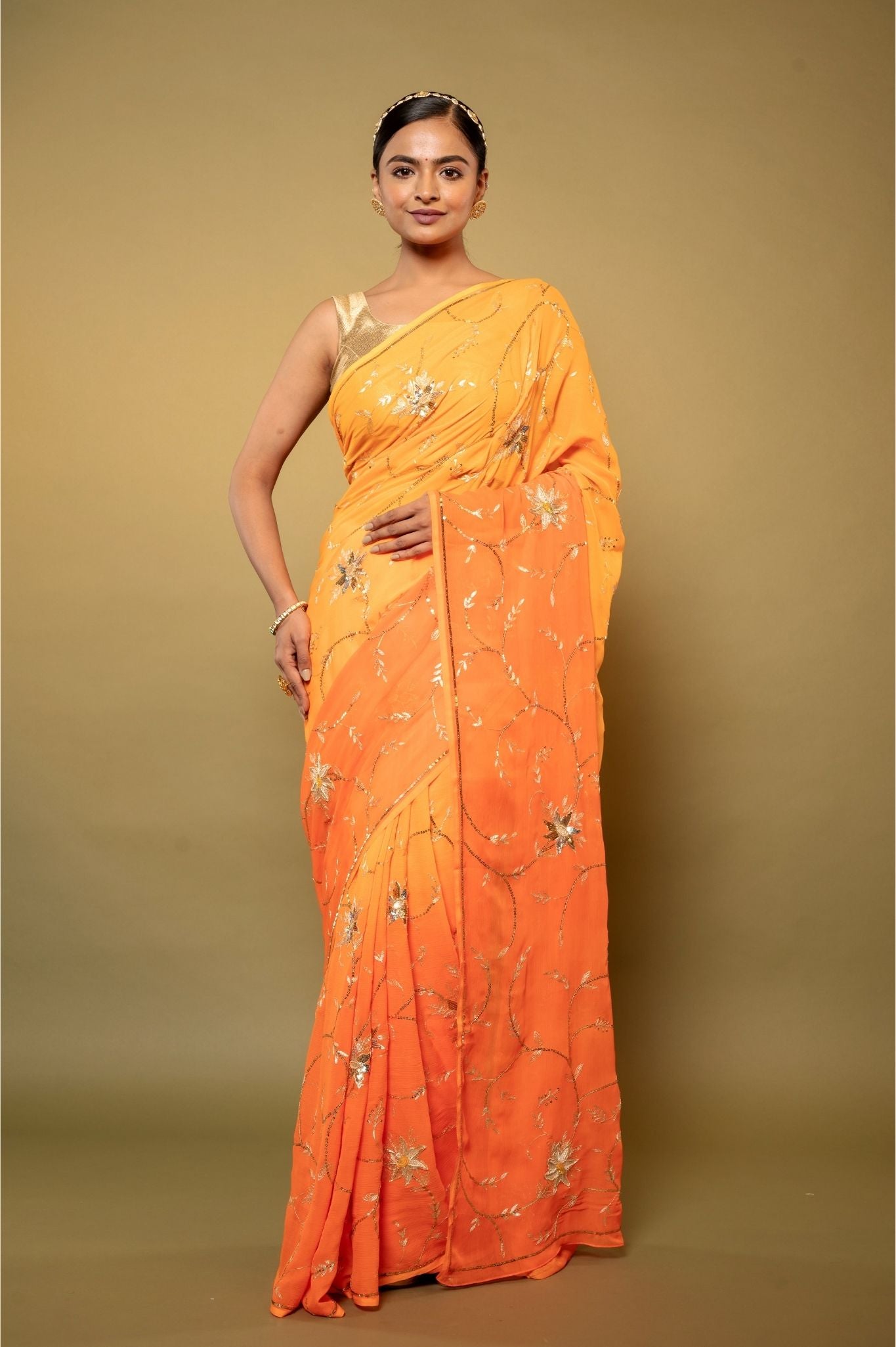 Yellow light dark pure chiffon aari sequins jaal handwork saree