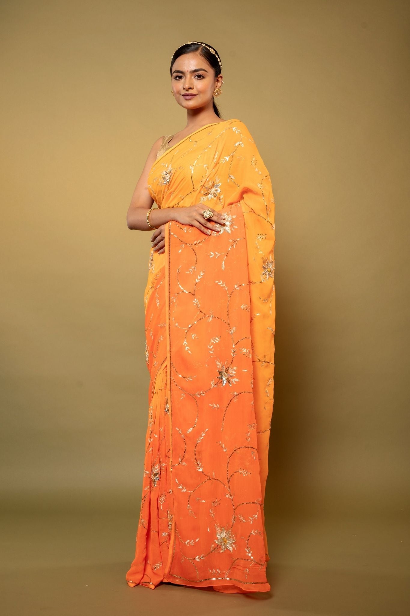 Yellow light dark pure chiffon aari sequins jaal handwork saree