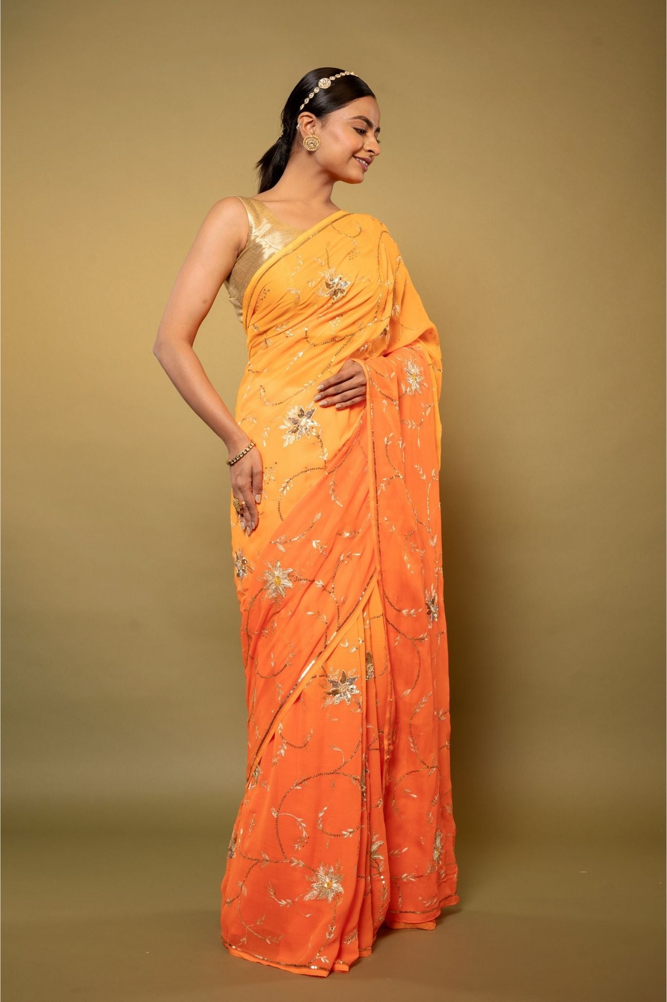 Yellow light dark pure chiffon aari sequins jaal handwork saree