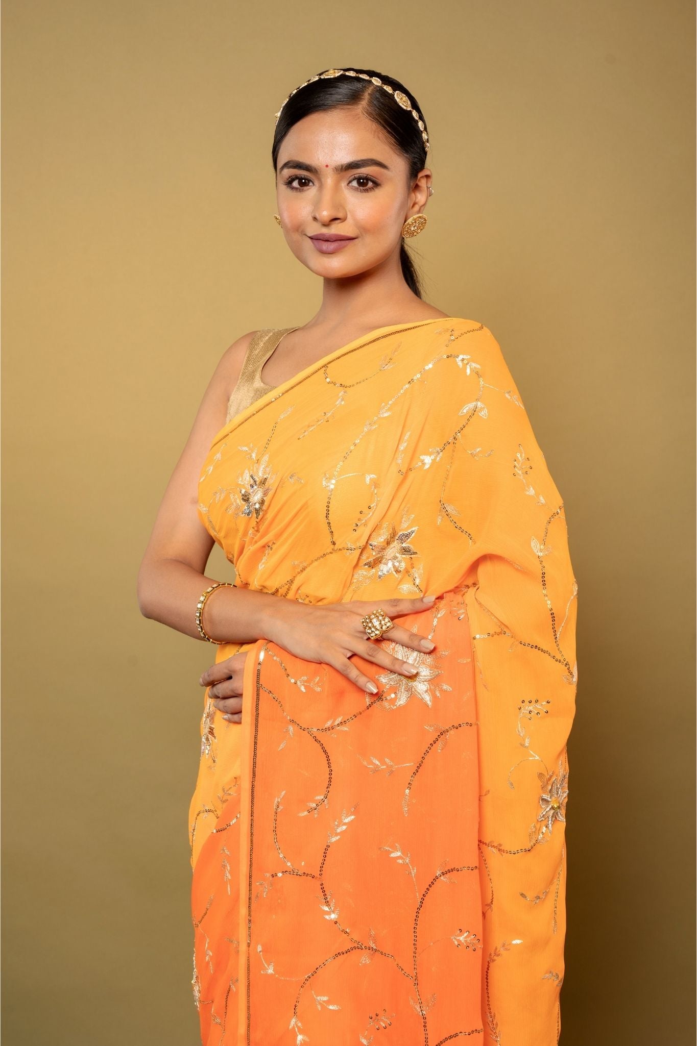 Yellow light dark pure chiffon aari sequins jaal handwork saree