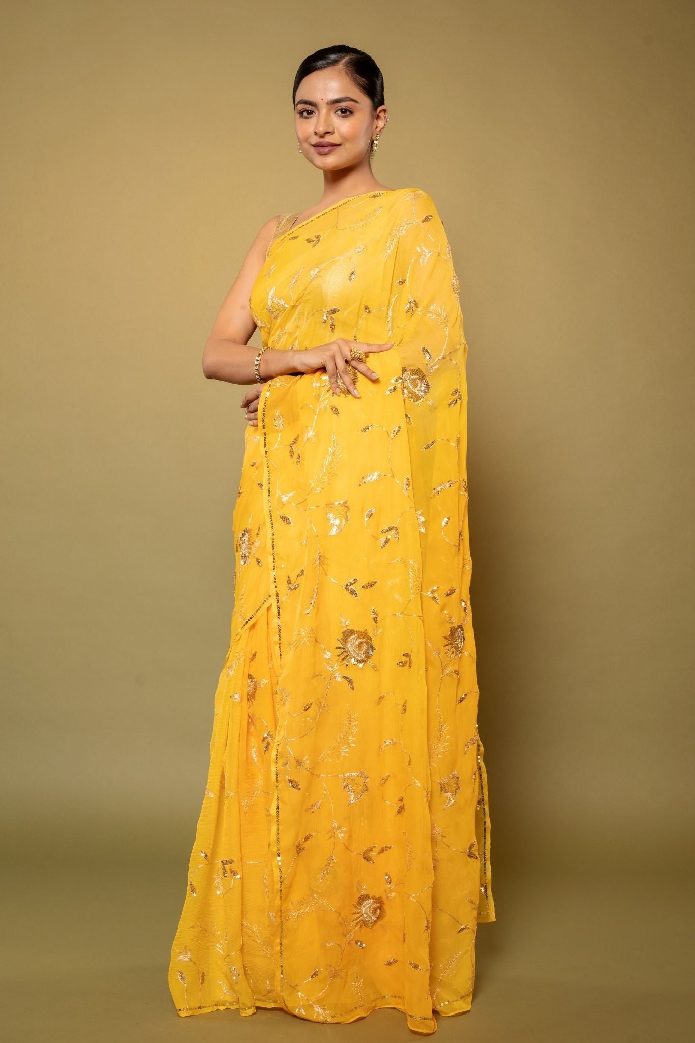 yellow pure chiffon aari sequins jaal handwork saree