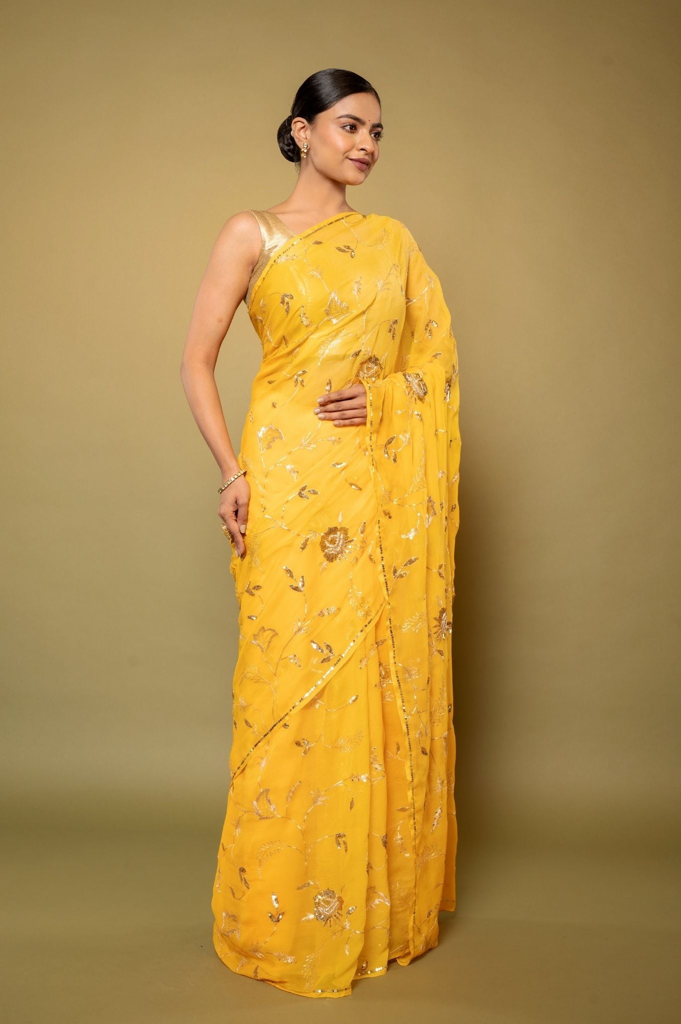 yellow pure chiffon aari sequins jaal handwork saree