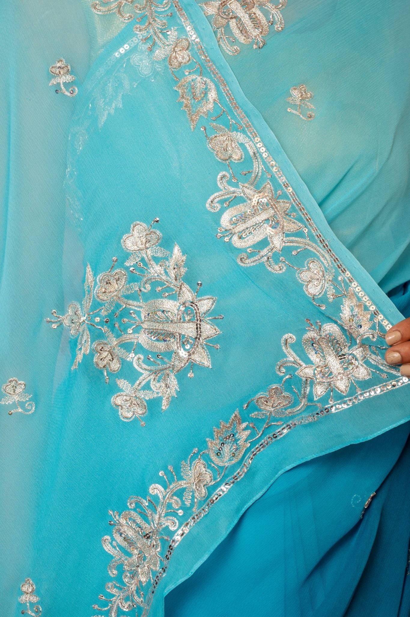 Rama Blue Light dark pure chiffon aari sequins jaal handwork saree