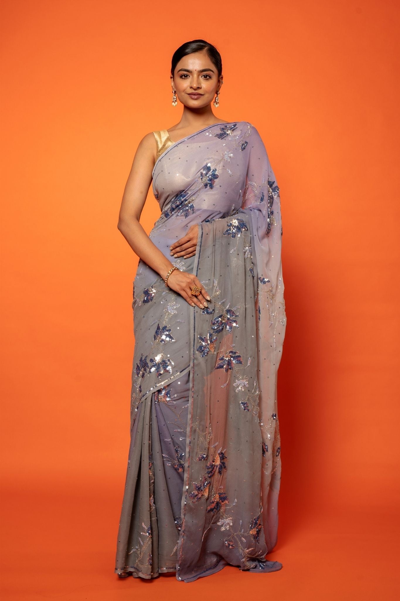 Grey light dark pure chiffon aari sequins jaal handwork saree
