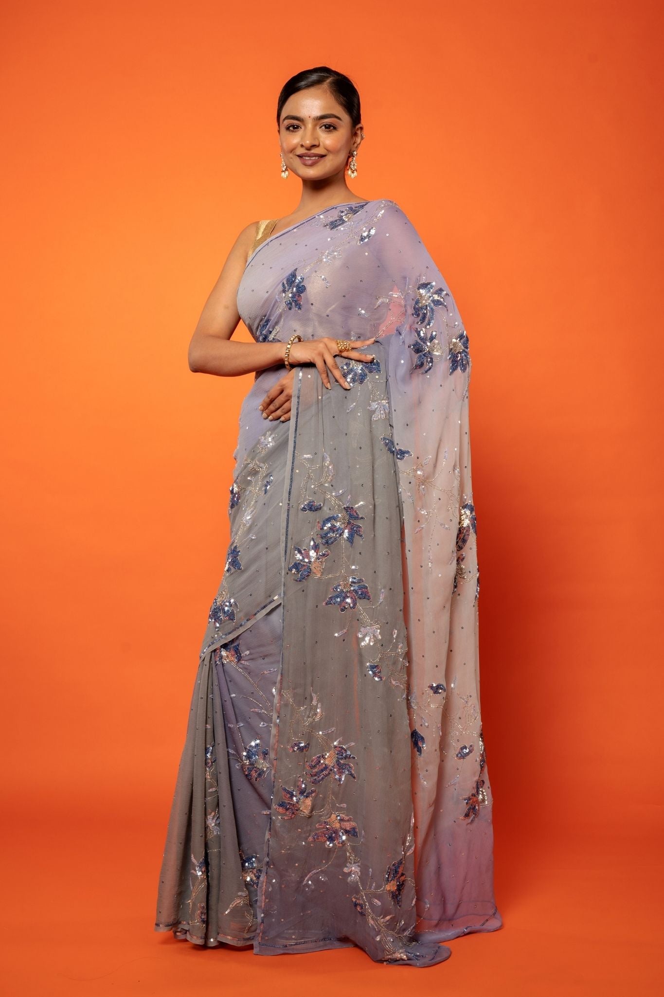 Grey light dark pure chiffon aari sequins jaal handwork saree