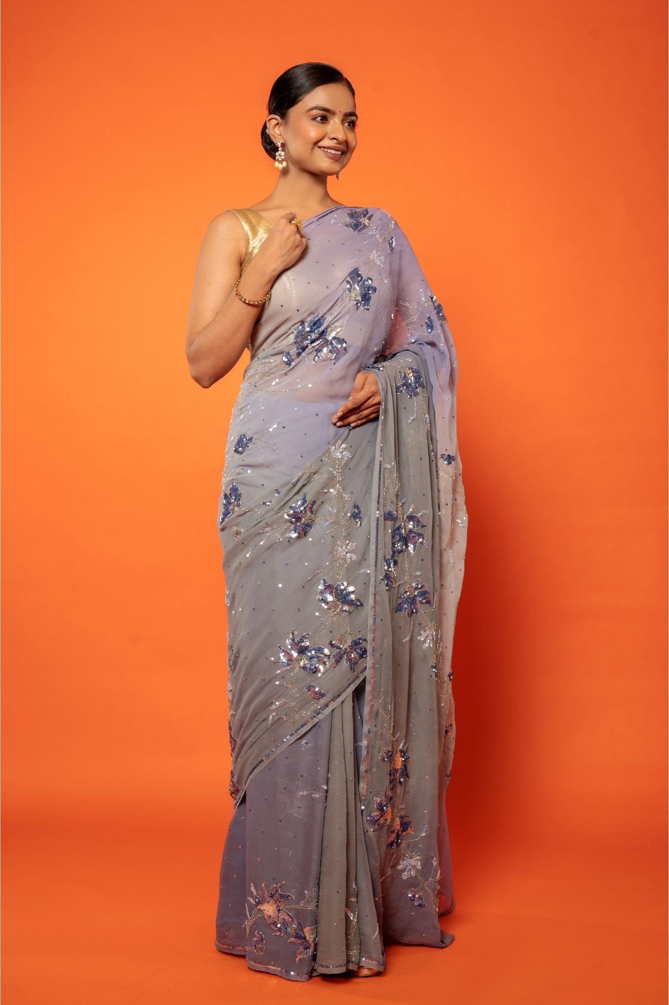 Grey light dark pure chiffon aari sequins jaal handwork saree