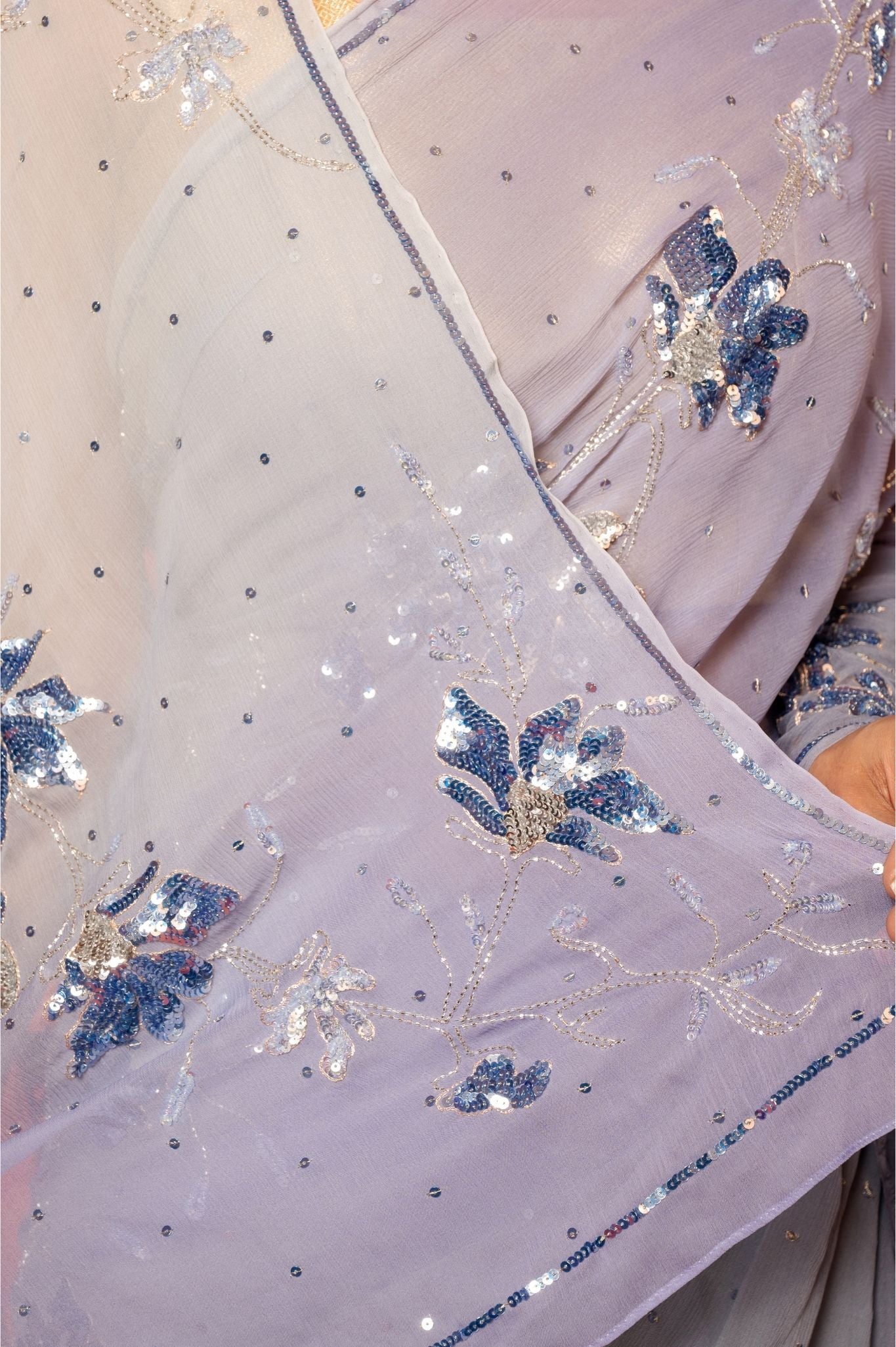 Grey light dark pure chiffon aari sequins jaal handwork saree