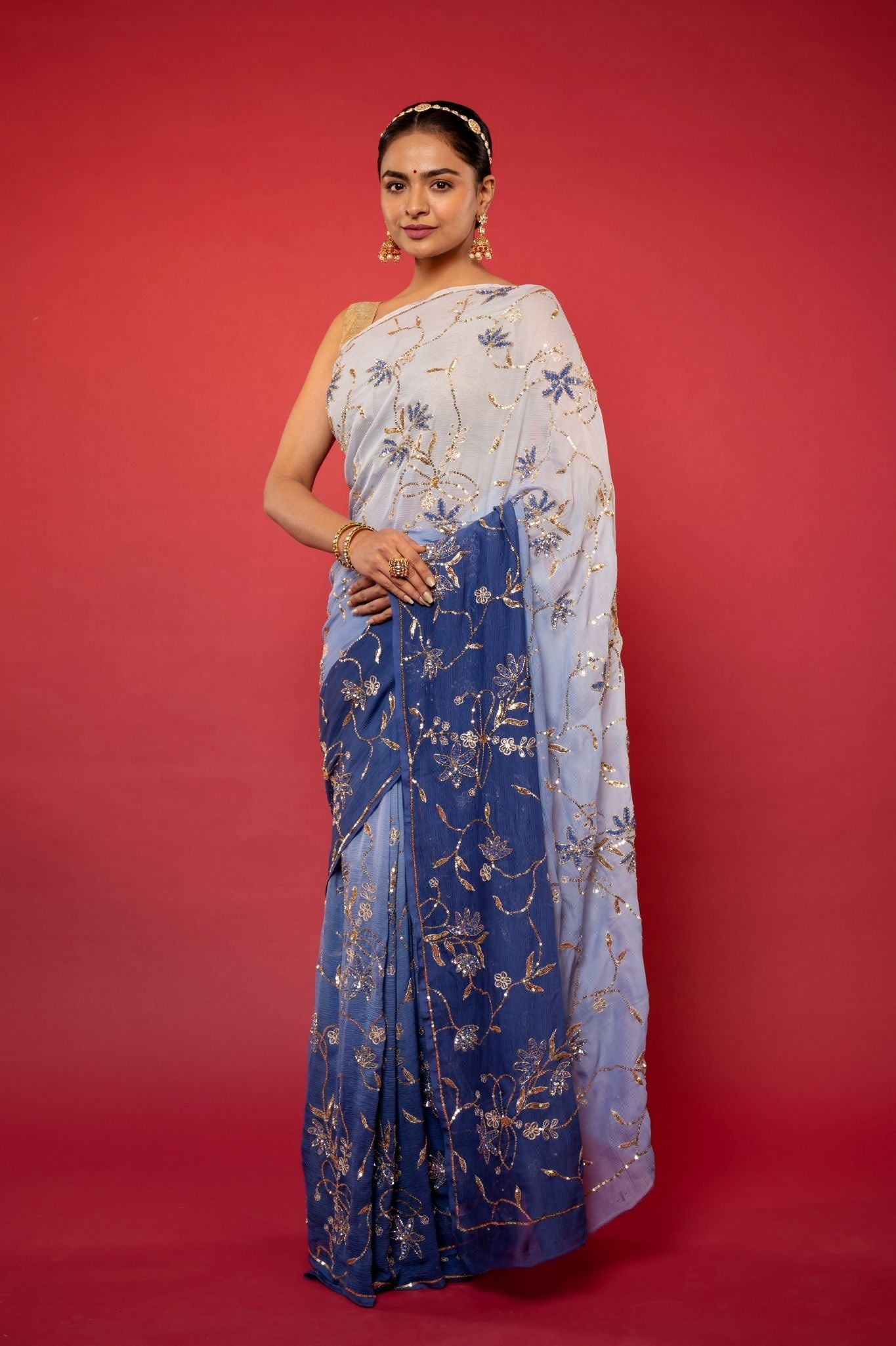 Blue light dark pure chiffon aari sequins jaal handwork saree