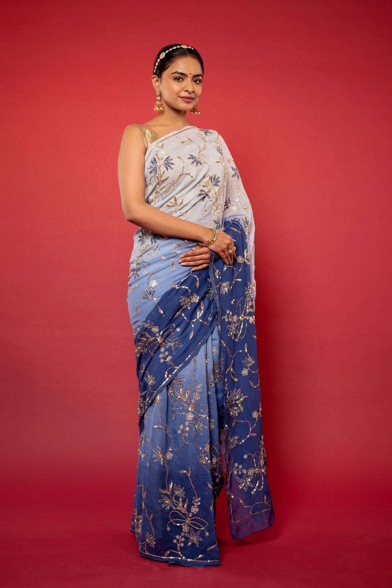 Blue light dark pure chiffon aari sequins jaal handwork saree