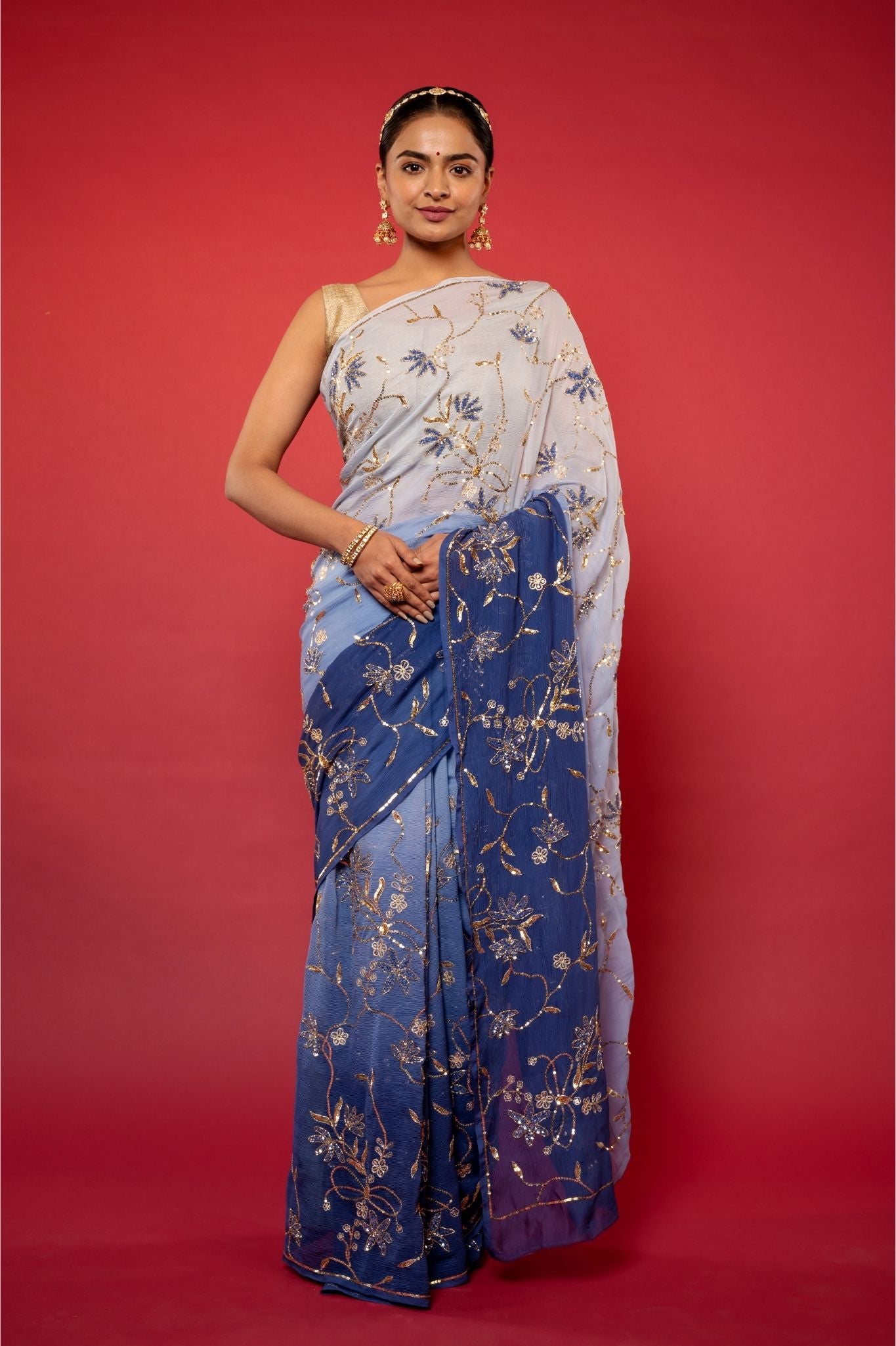 Blue light dark pure chiffon aari sequins jaal handwork saree