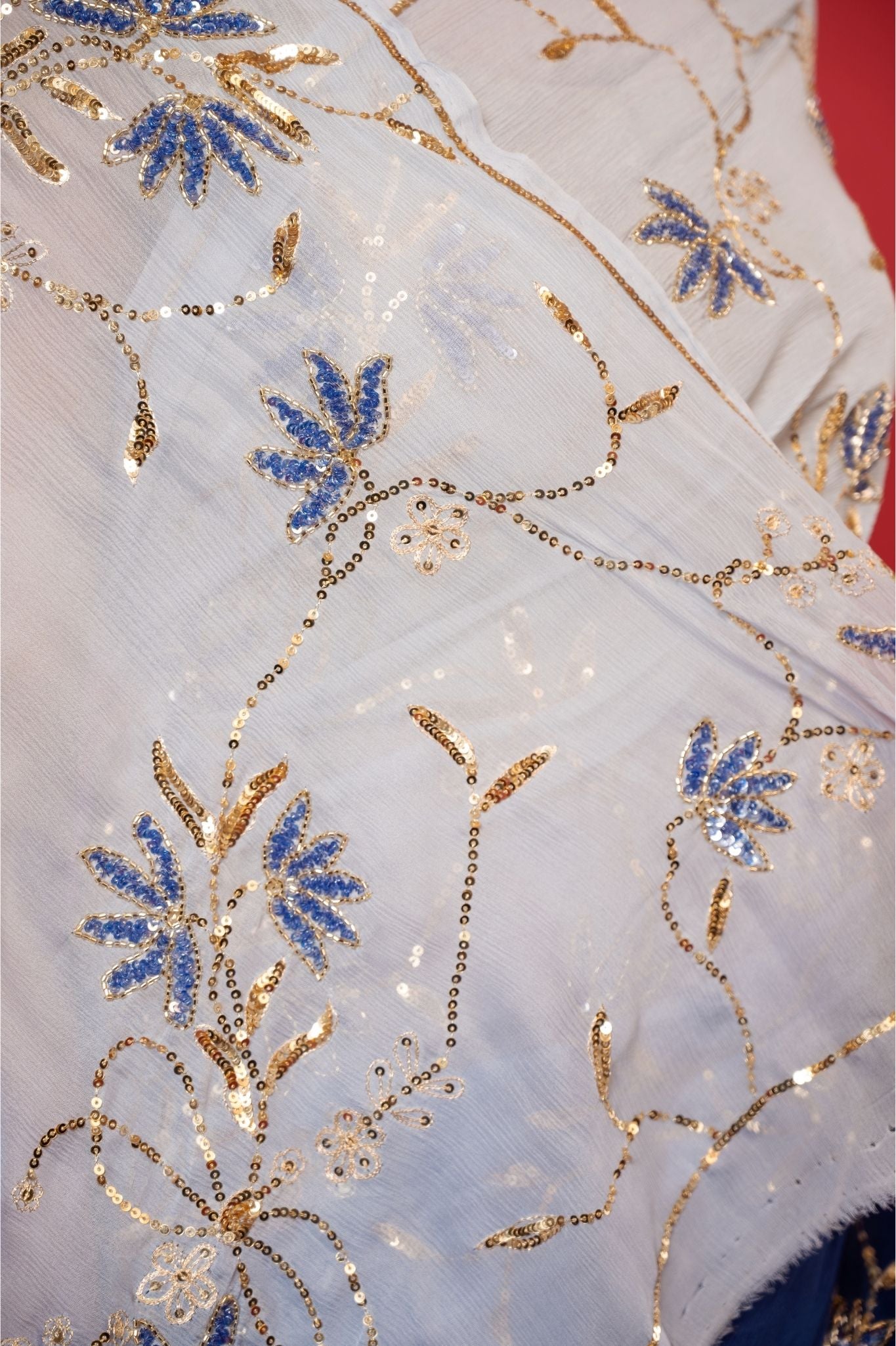 Blue light dark pure chiffon aari sequins jaal handwork saree