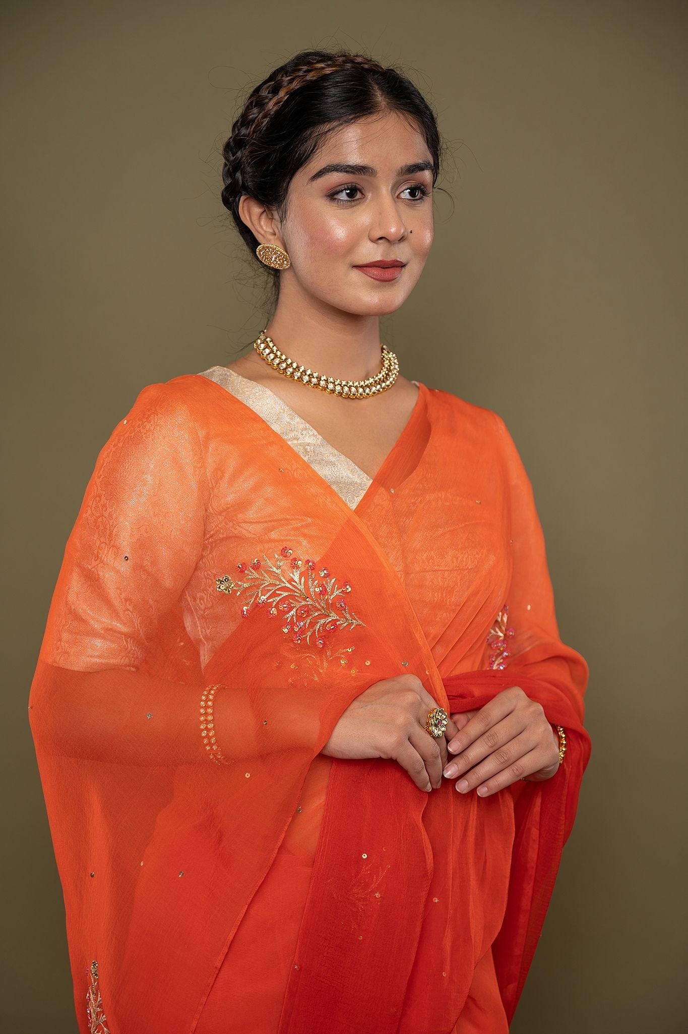 orange viscose chiffon aari sequns handwork saree