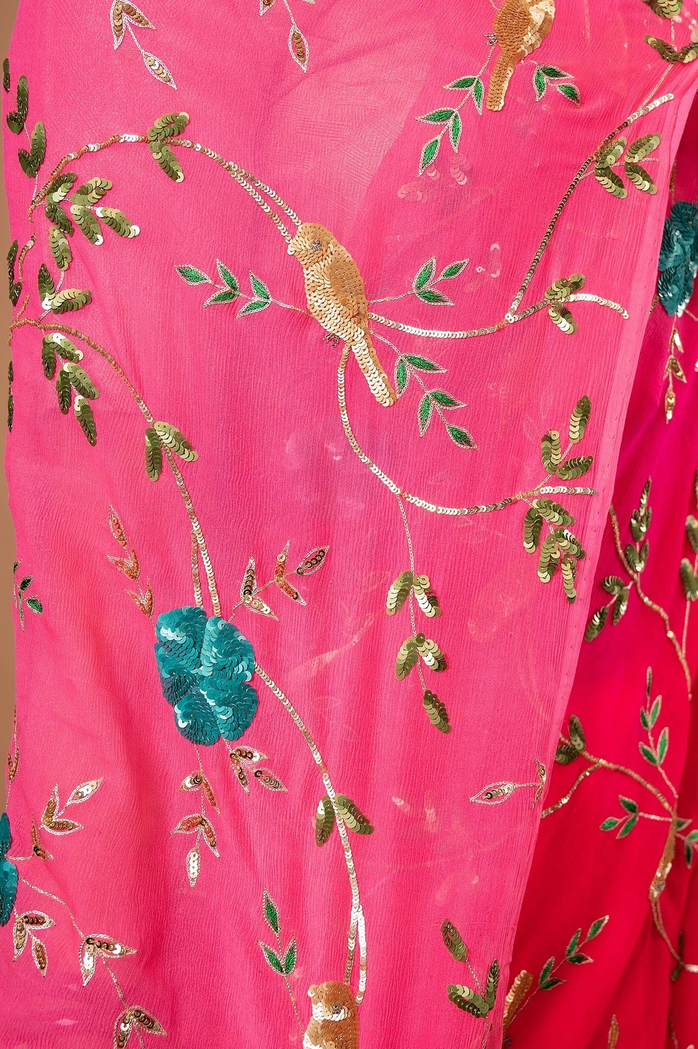 Gajri Pink light dark pure chiffon aari sequins jaal handwork saree