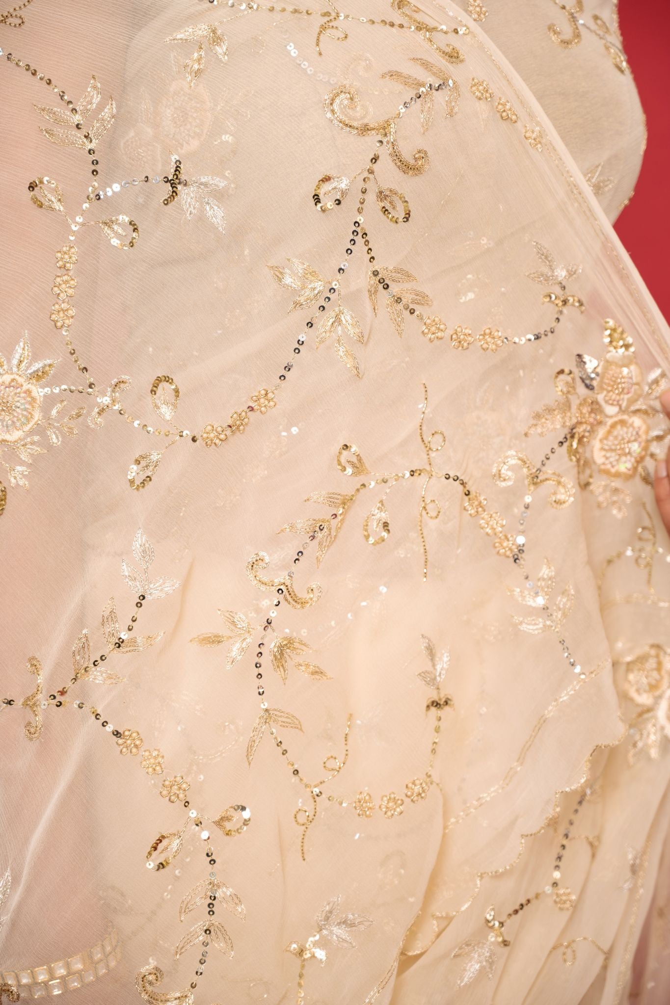 Creme pure chiffon aari sequins jaal handwork saree