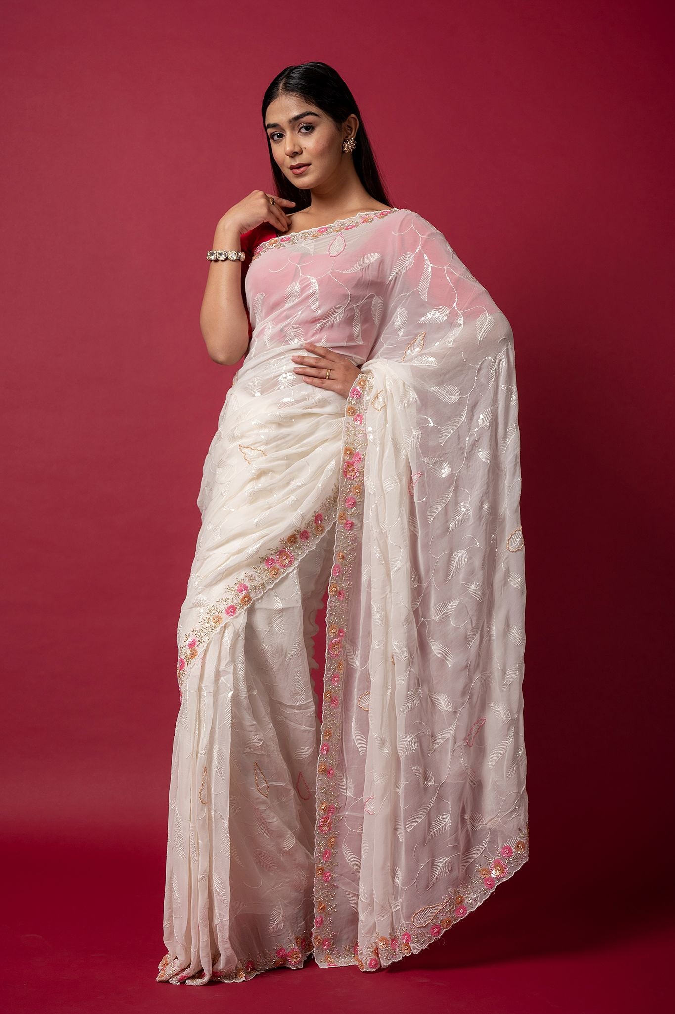 white organza sequins kardana handwork saree