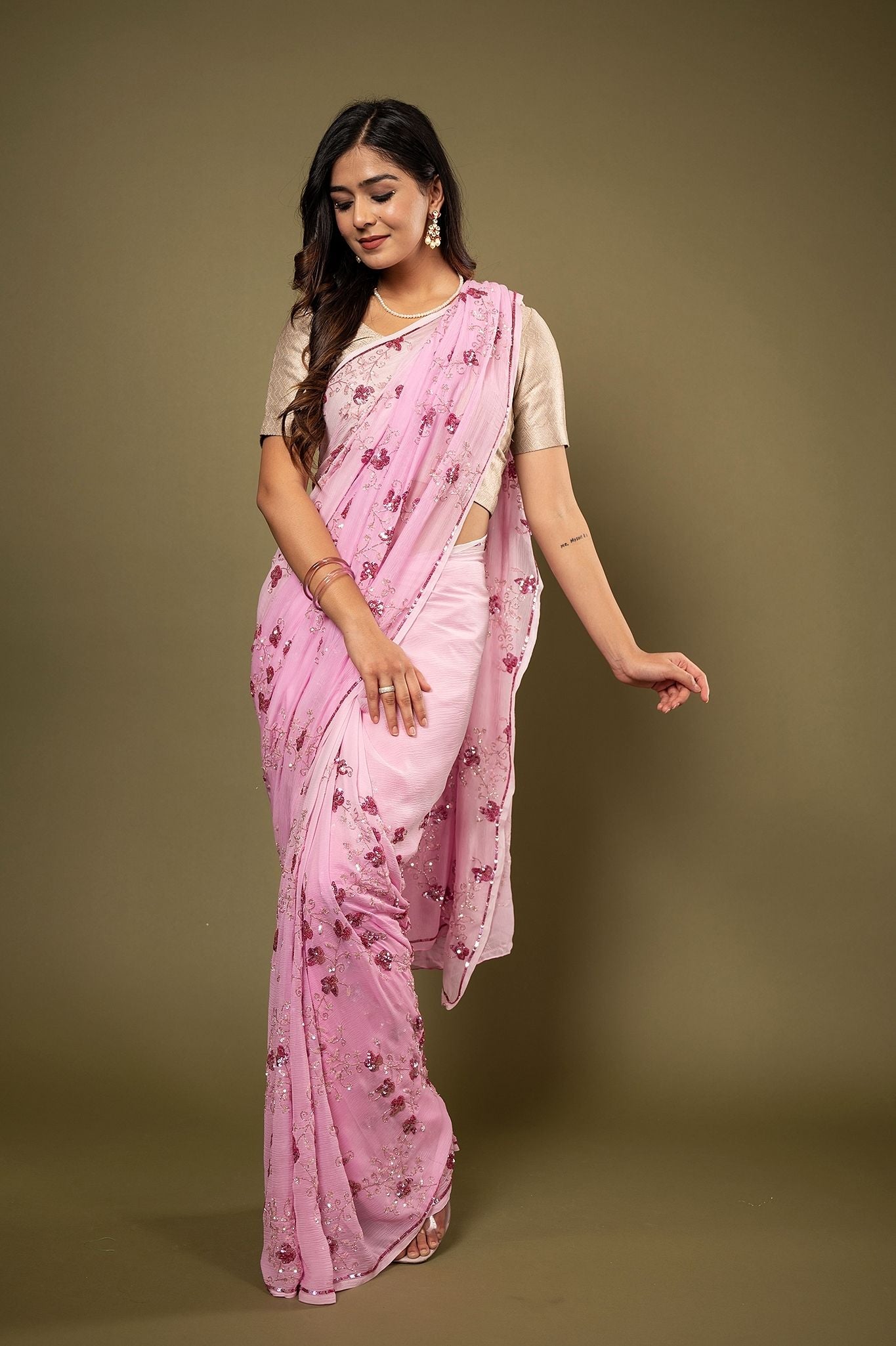 Pink light dark Pure Chiffon sequins kardana jaal handwork saree