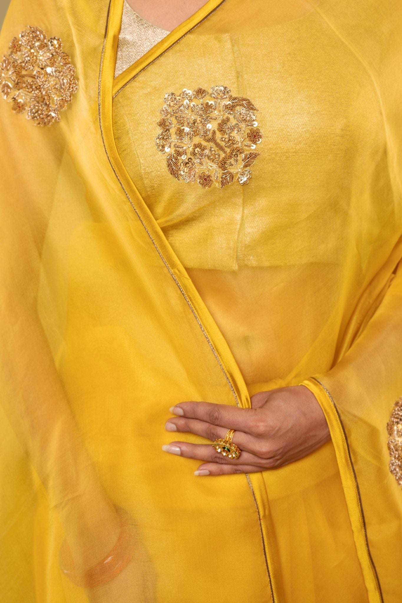 yellow Organza Zardozi Motif handwork saree