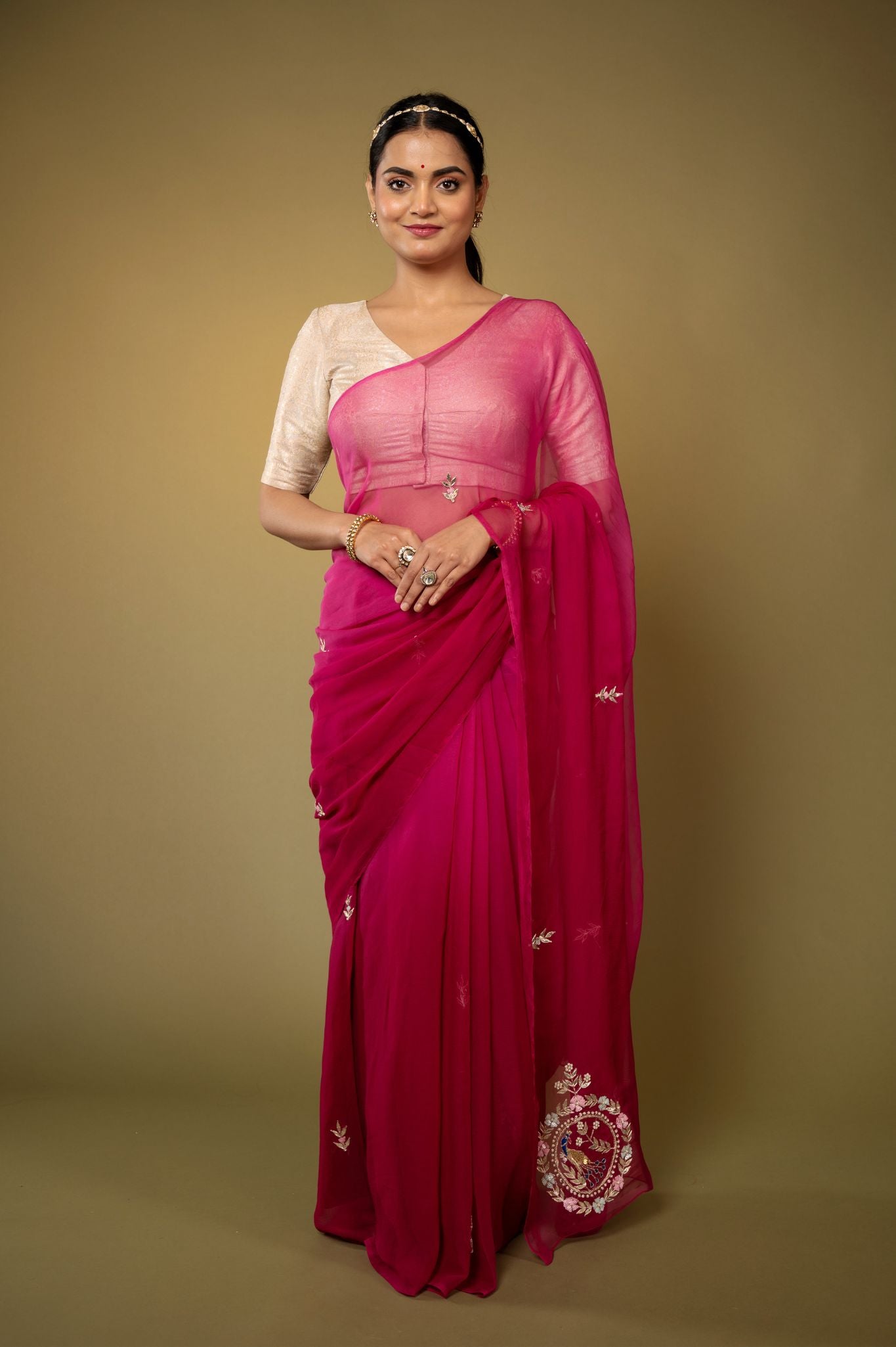 Wine viscose chiffon aari gota pati and sequins motif handwork casual wear saree