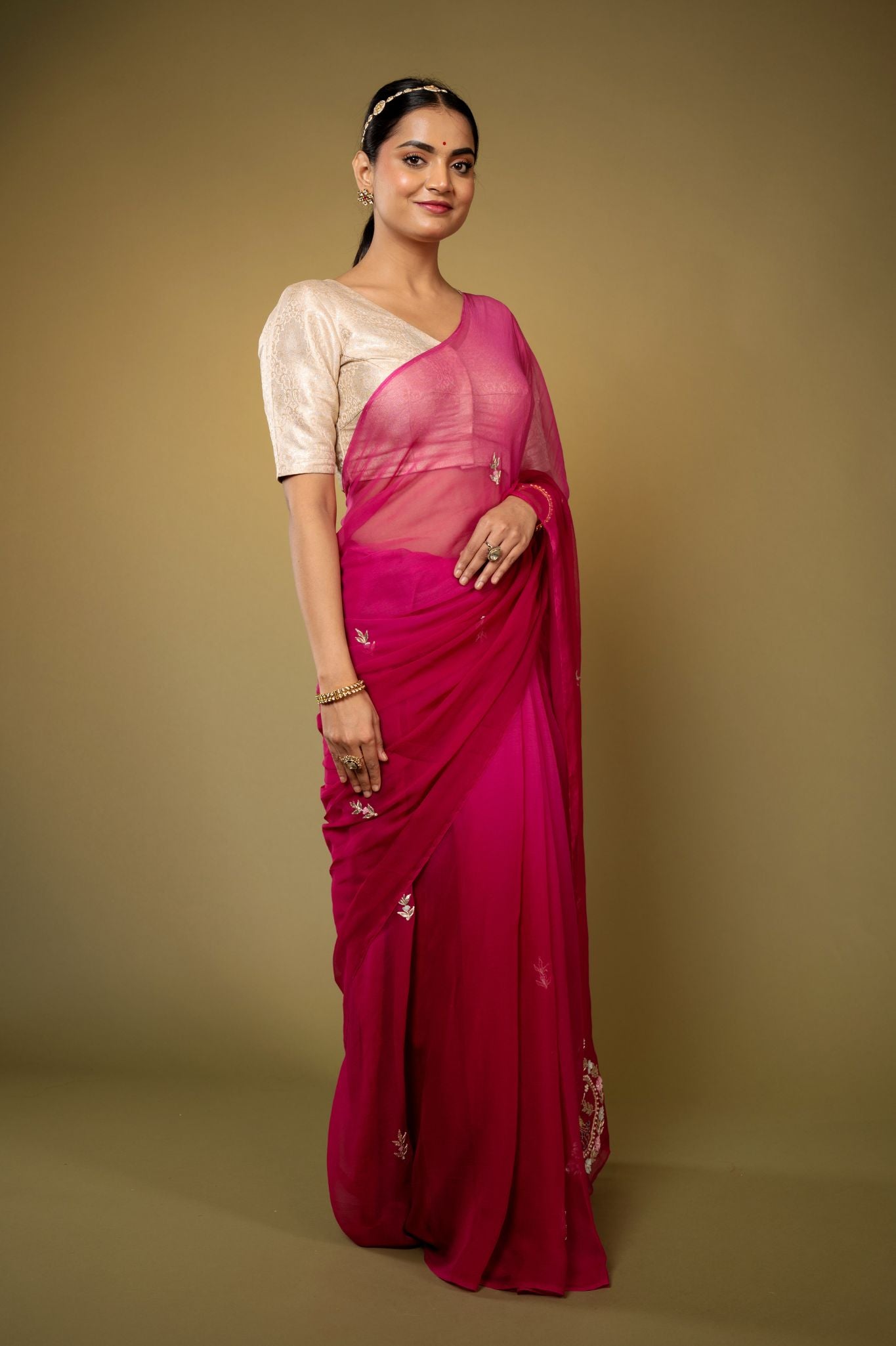 Wine viscose chiffon aari gota pati and sequins motif handwork casual wear saree