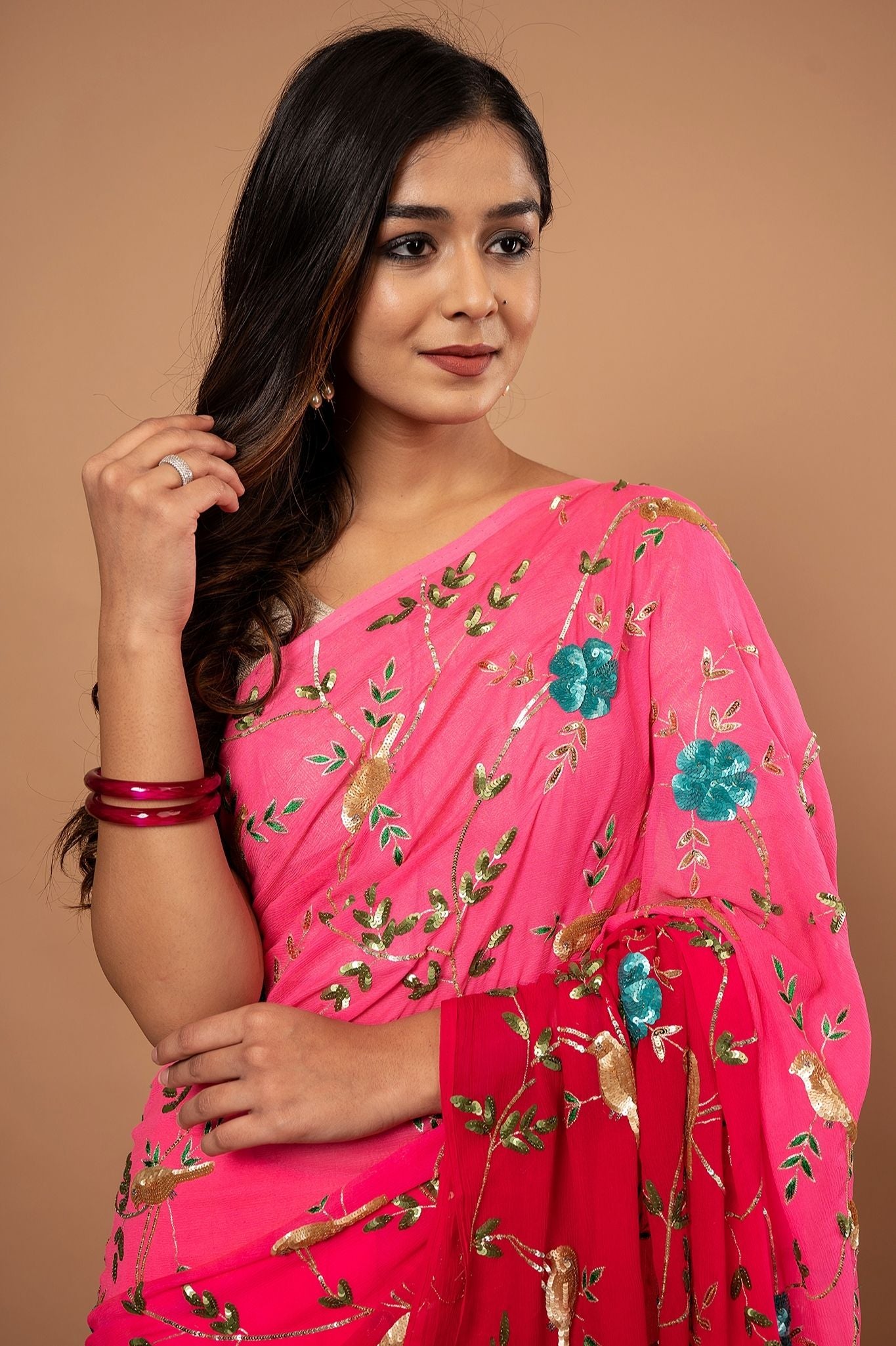 Gajri Pink light dark pure chiffon aari sequins jaal handwork saree