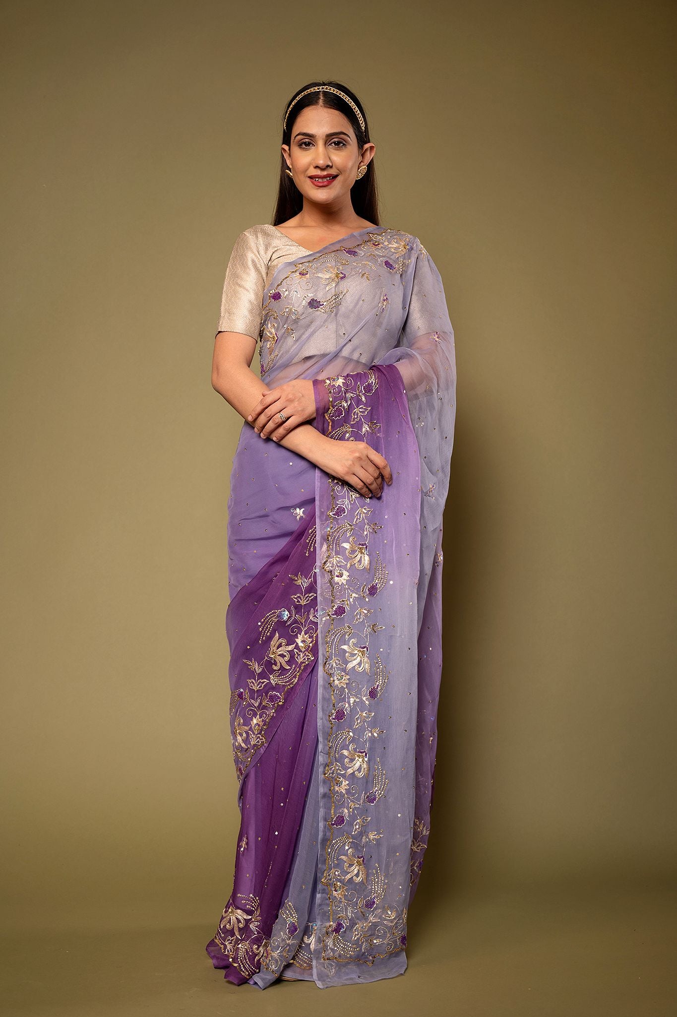 Lavender viscose Chiffon aari sequins border butti handwork saree
