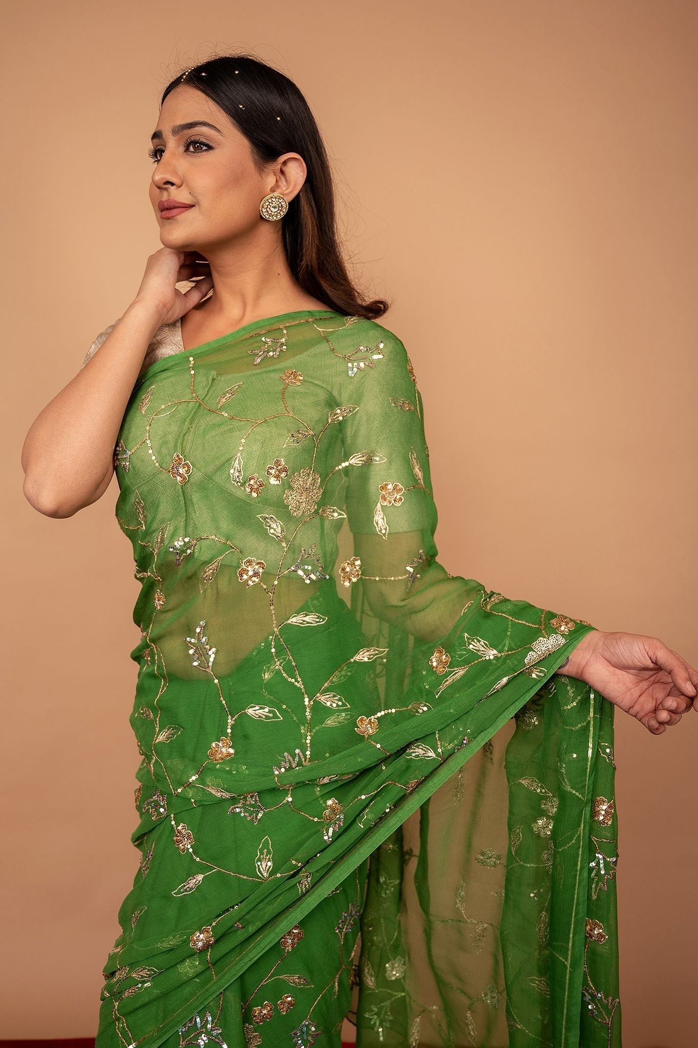 Green Viscose Chiffon Aari sequins Jaal handwork party wear Saree