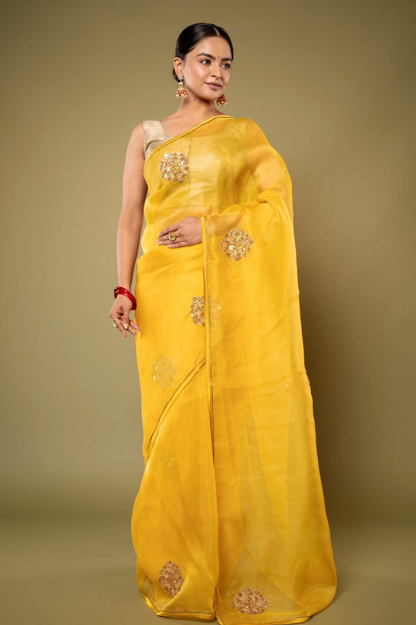 yellow Organza Zardozi Motif handwork saree