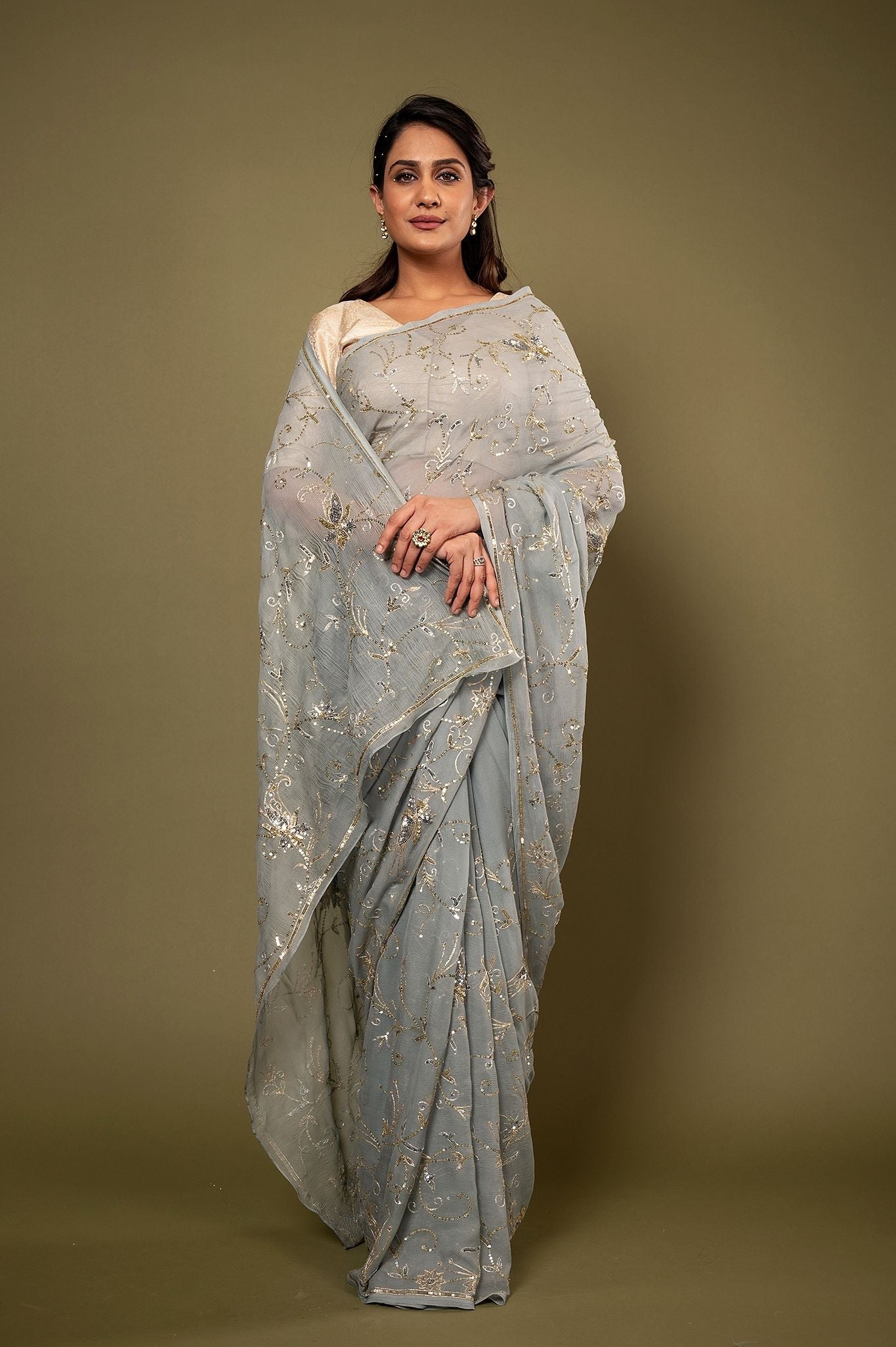 Grey Pure Chiffon aari sequins jaal handwork saree