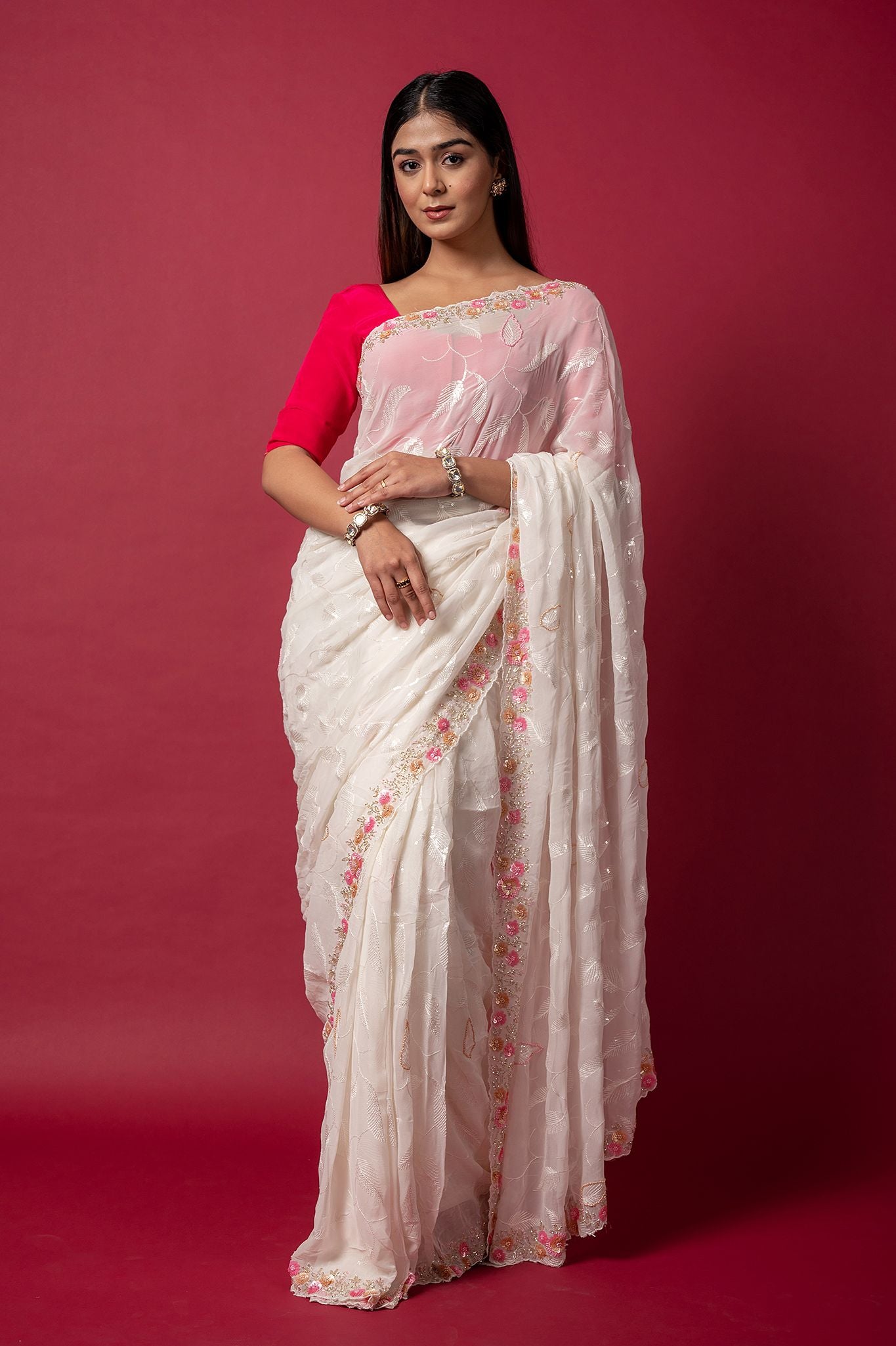 white organza sequins kardana handwork saree