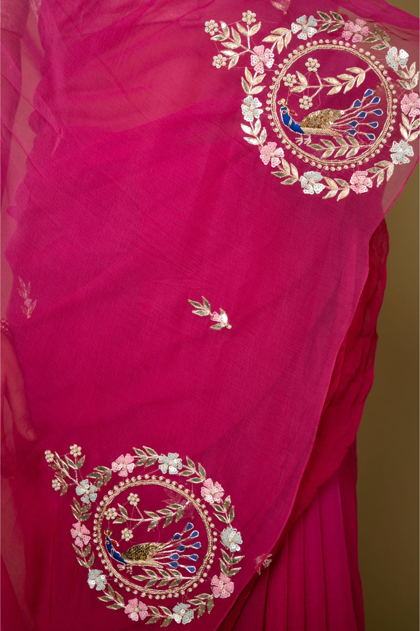 Wine viscose chiffon aari gota pati and sequins motif handwork casual wear saree