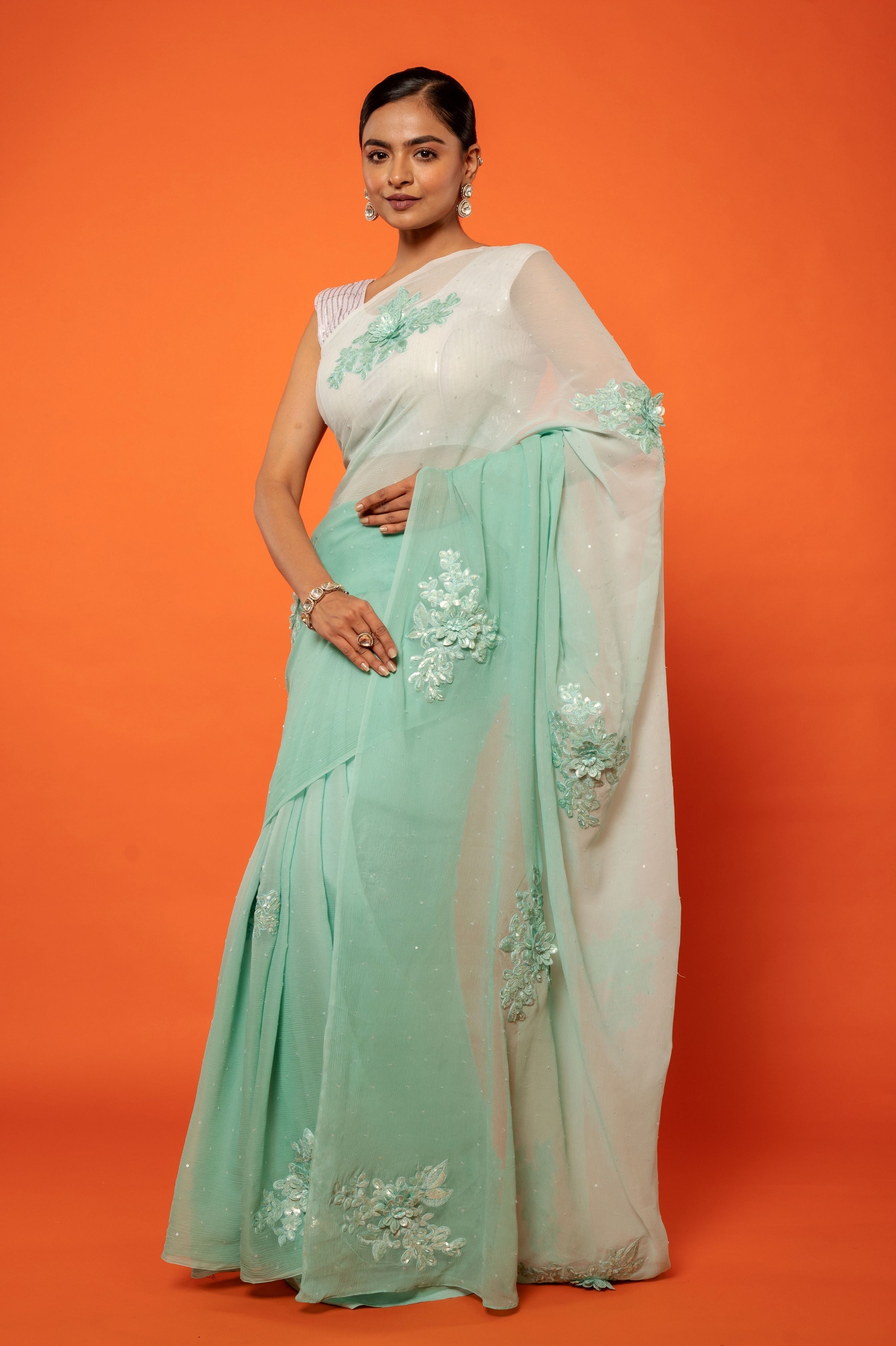 Sea Green pure chiffon resham sequins motif handwork saree