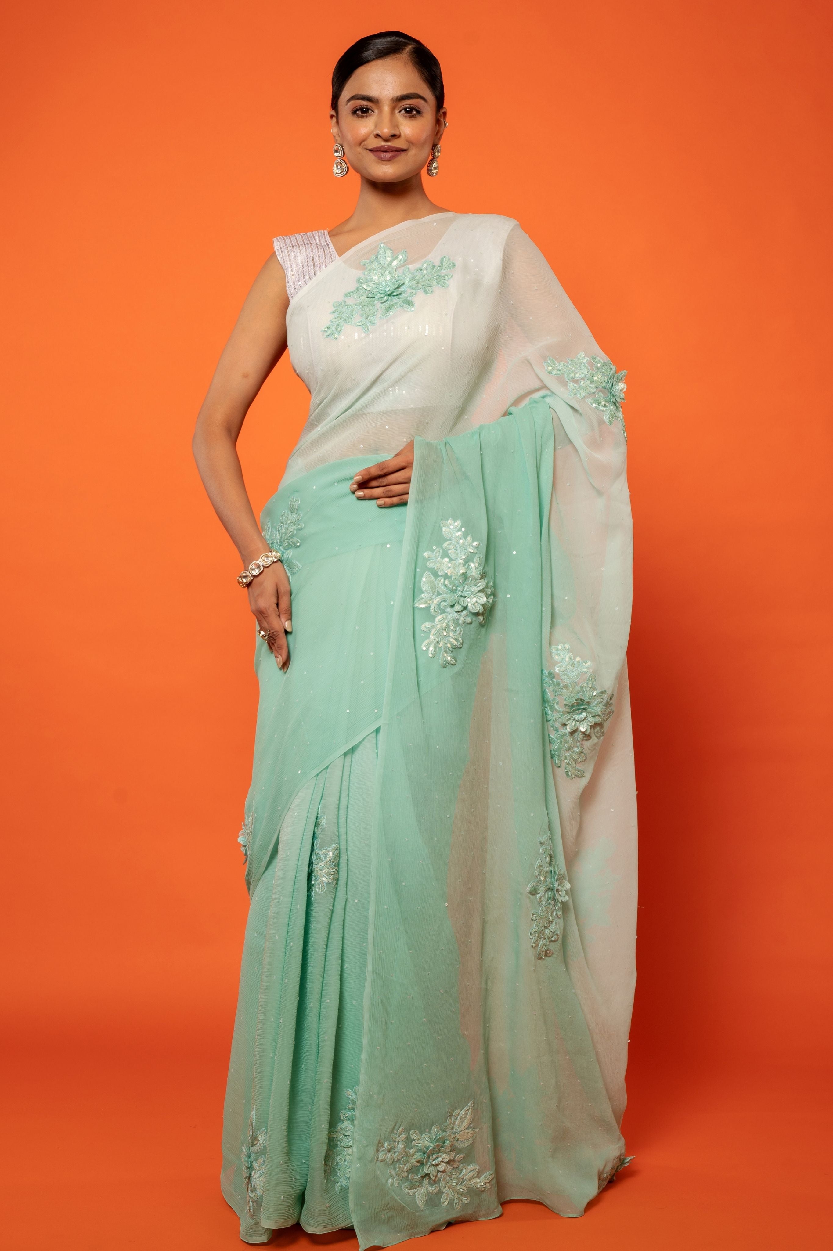 Sea Green pure chiffon resham sequins motif handwork saree