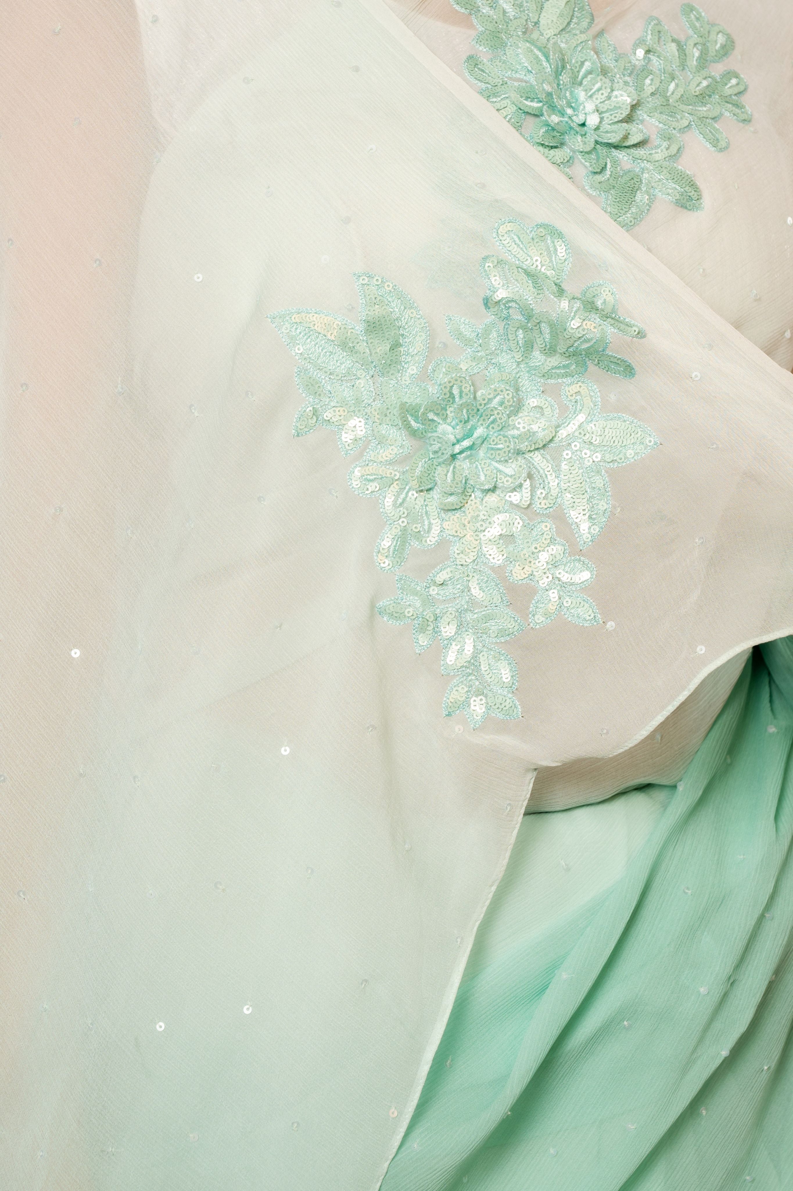 Sea Green pure chiffon resham sequins motif handwork saree