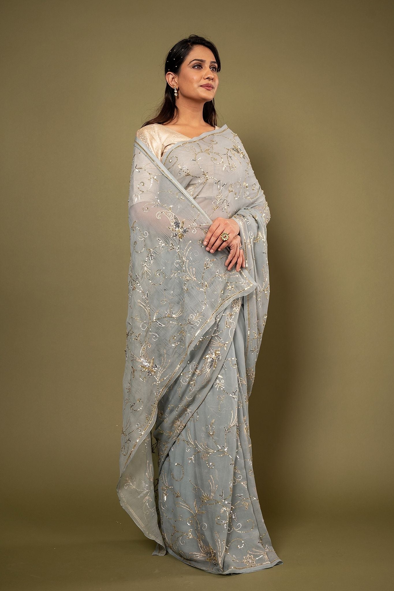 Grey Pure Chiffon aari sequins jaal handwork saree