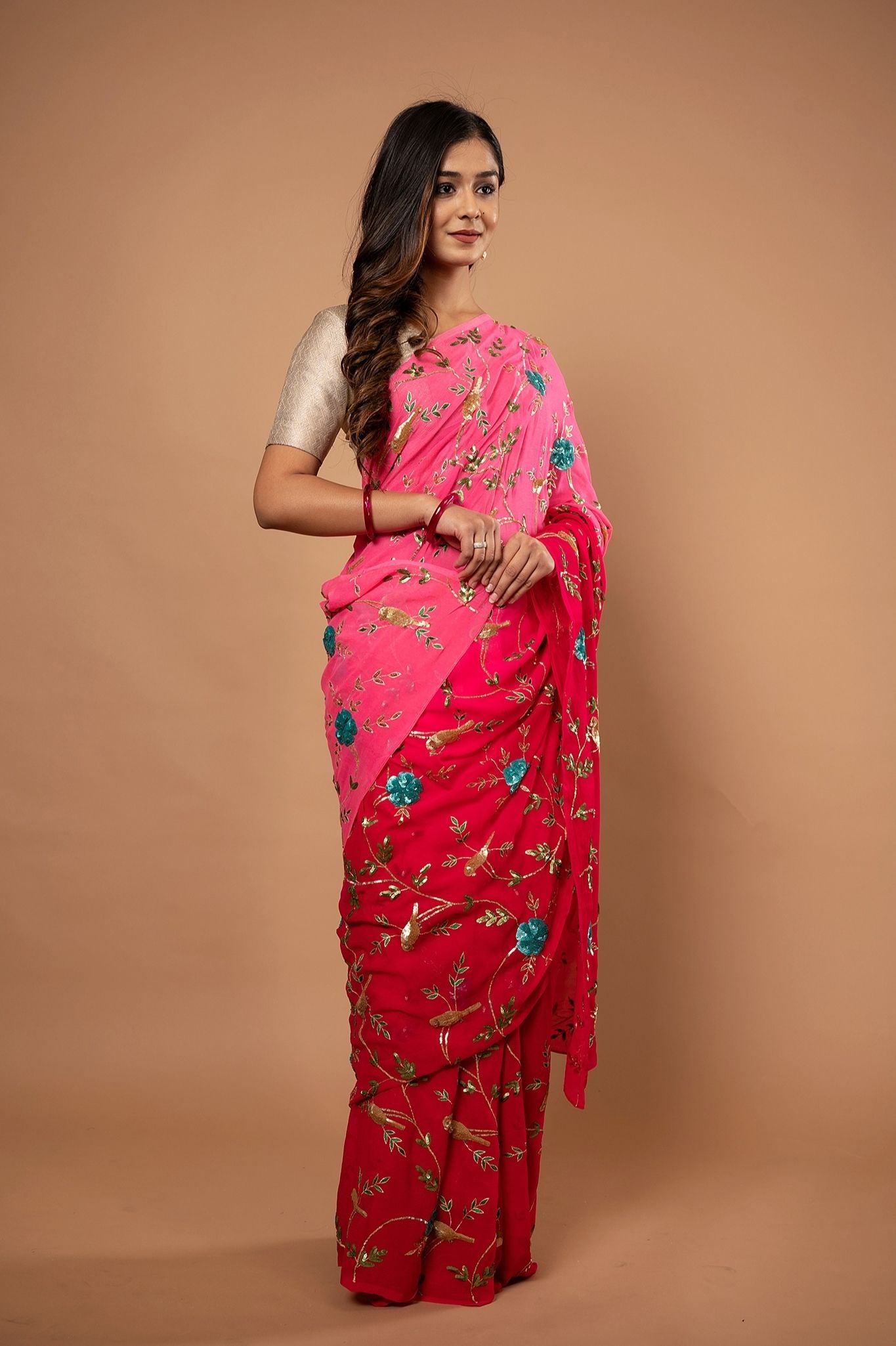Gajri Pink light dark pure chiffon aari sequins jaal handwork saree