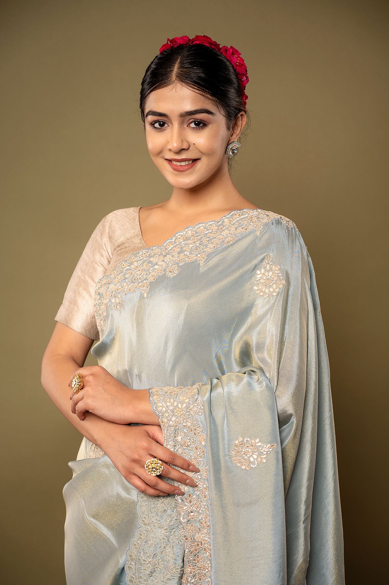 light grey Pure Tissue Resham Gotta pati borderbutti handwork party wear saree