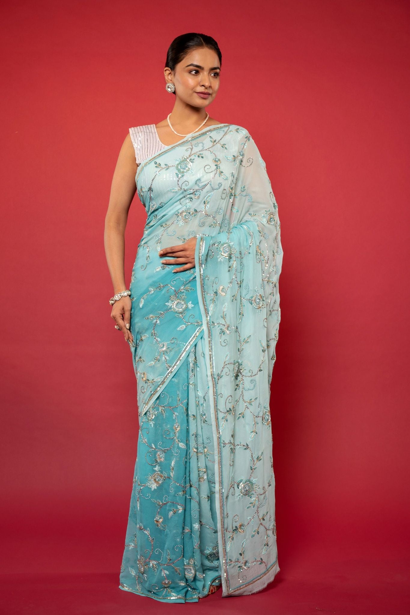 Sky blue light dark pure chiffon Aari sequins resham pearl work handwork saree