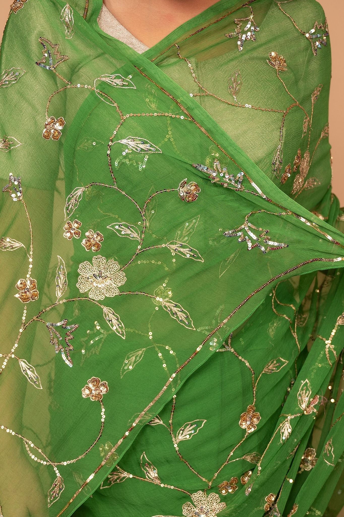 Green Viscose Chiffon Aari sequins Jaal handwork party wear Saree