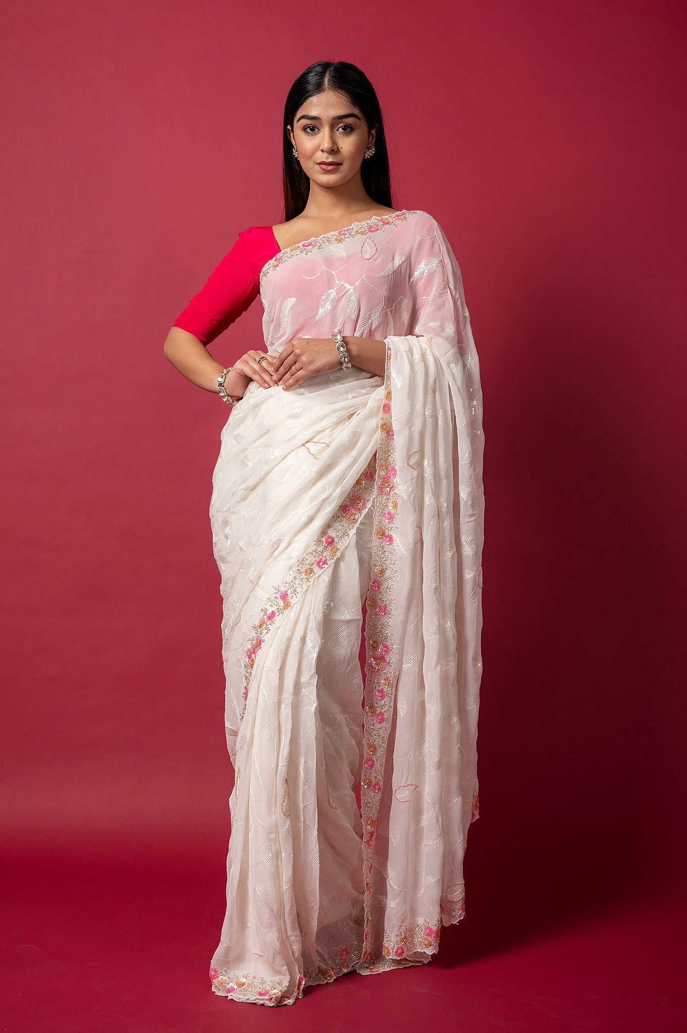 white organza sequins kardana handwork saree
