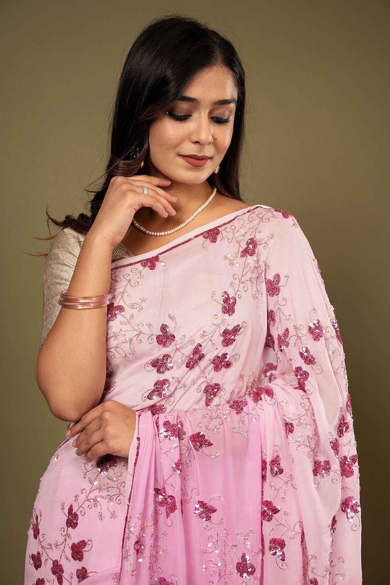 Pink light dark Pure Chiffon sequins kardana jaal handwork saree