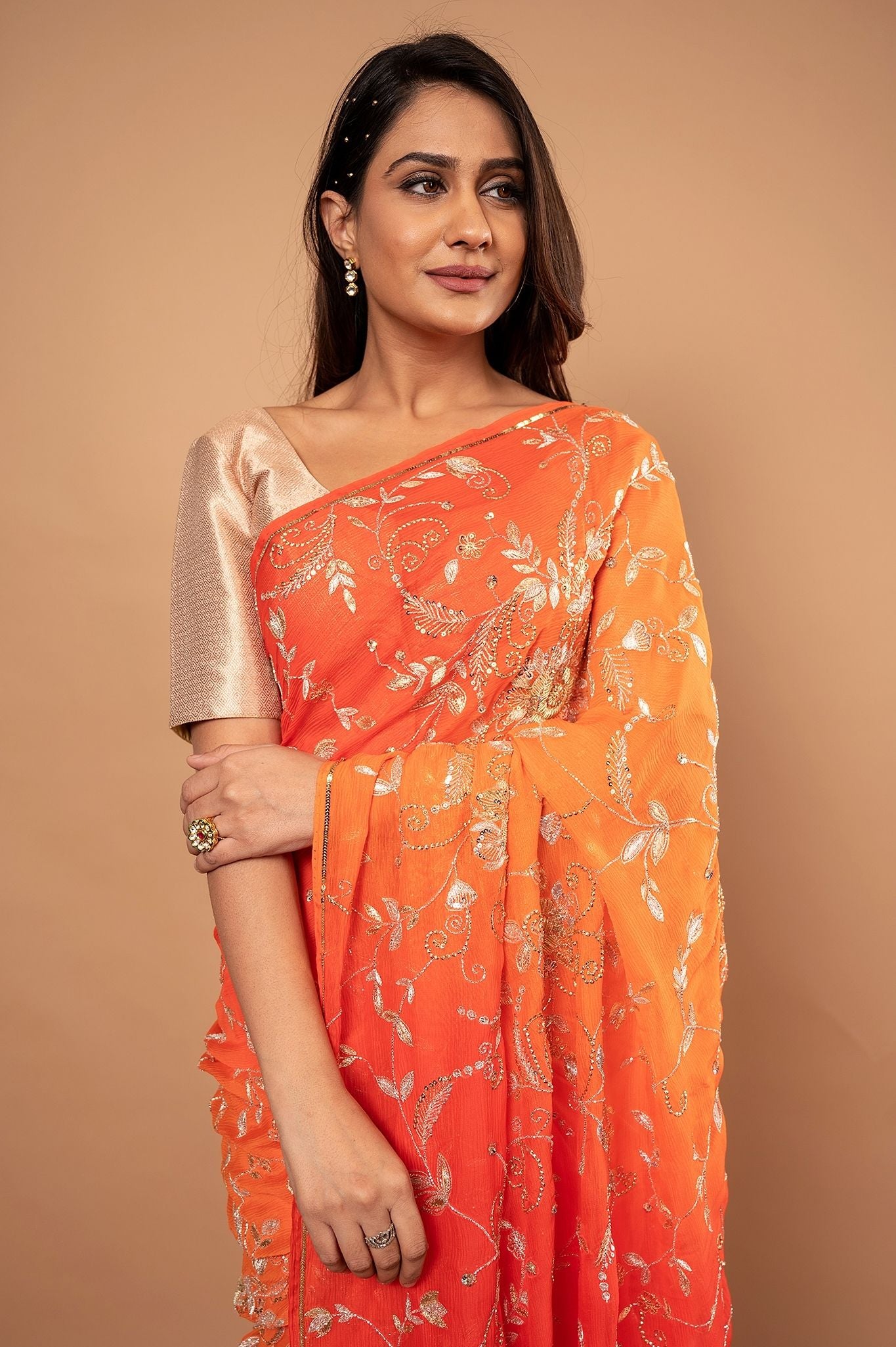 Orange light dark pure chiffon aari sequins zardozi jaal handwork saree