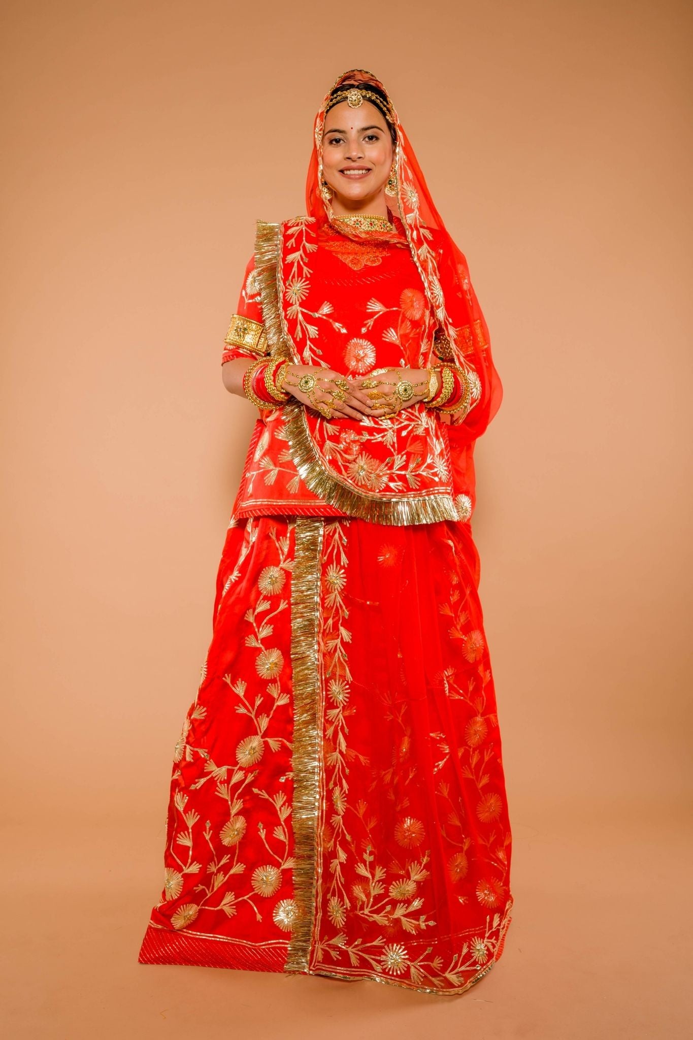 dark orange bamber satin sikhiya gota jaal handwork poshak with pure odhna