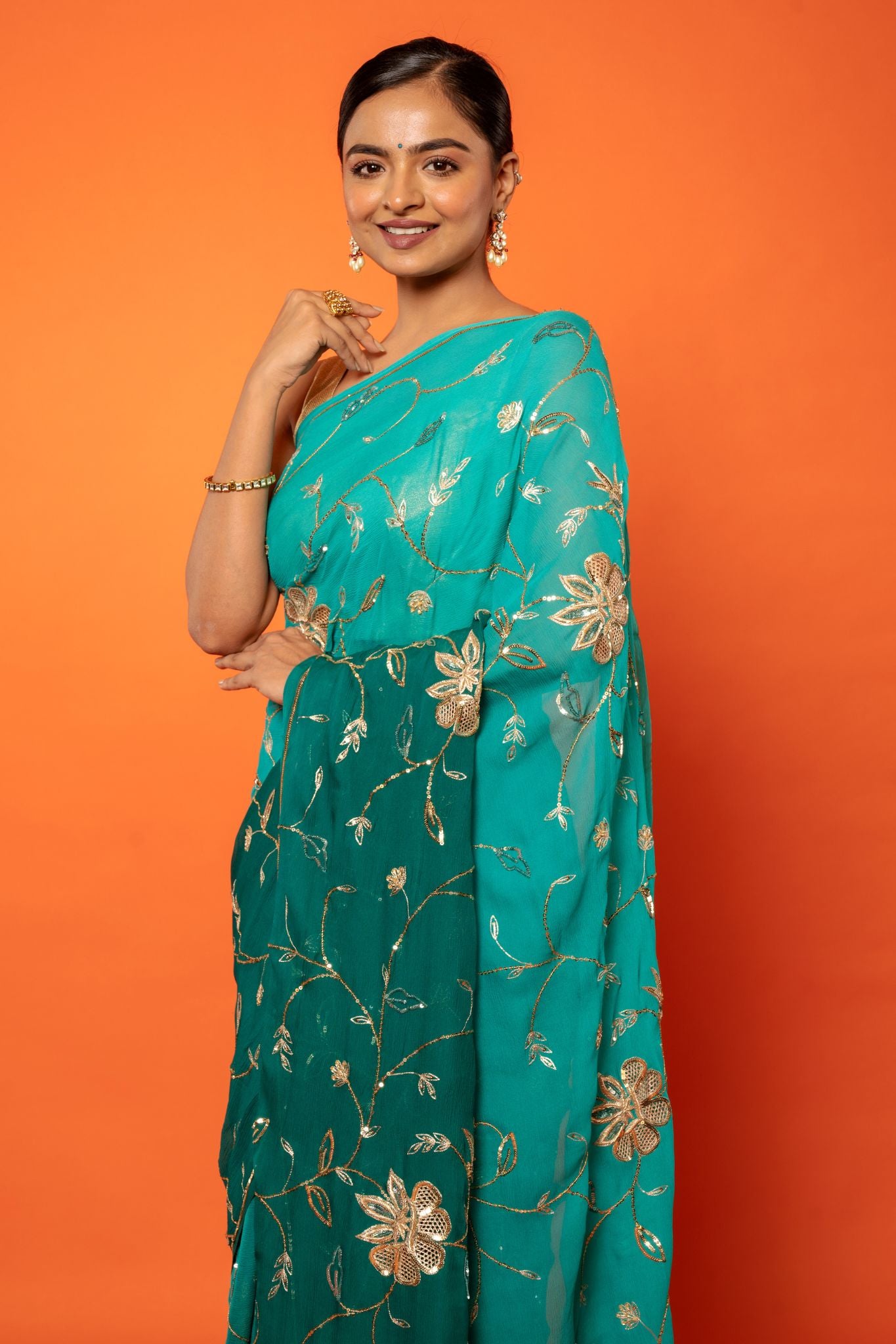 Rama green pure chiffon aari sequins jaal handwork saree