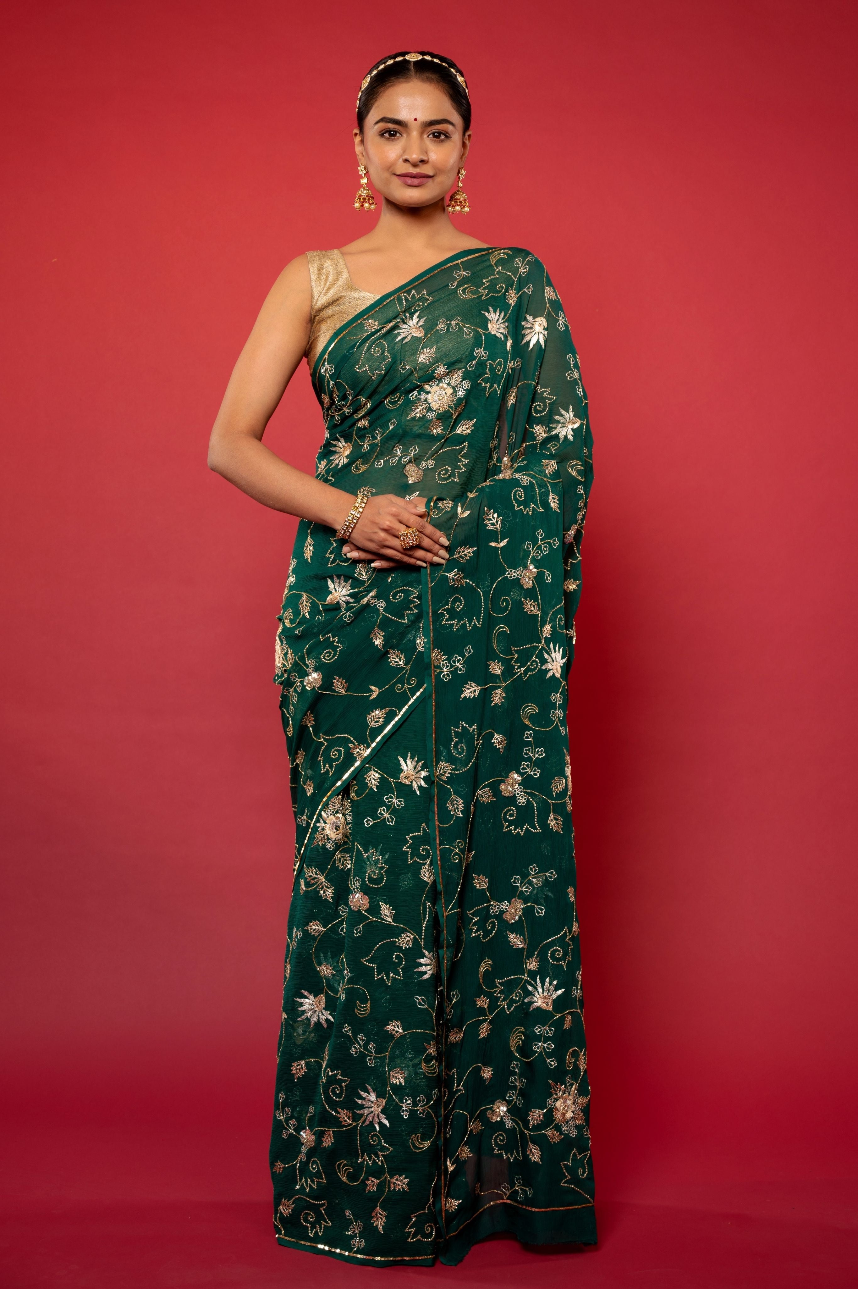 Bottle Green pure chiffon aari sequins jaal handwork saree
